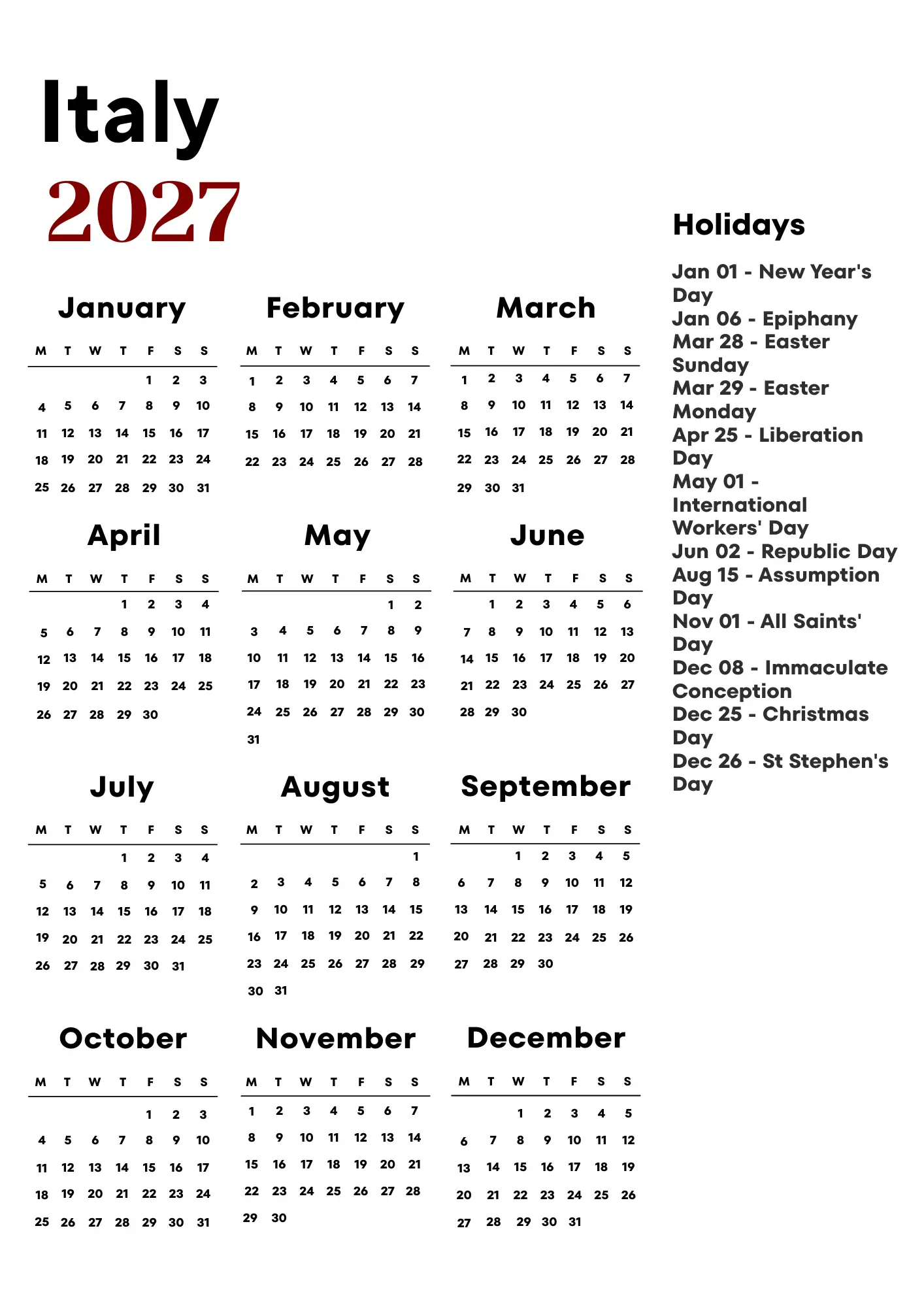 Italy Calendar 2027