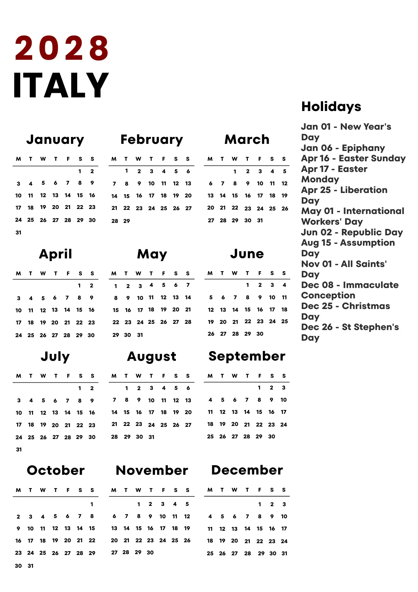 Italy Calendar 2028