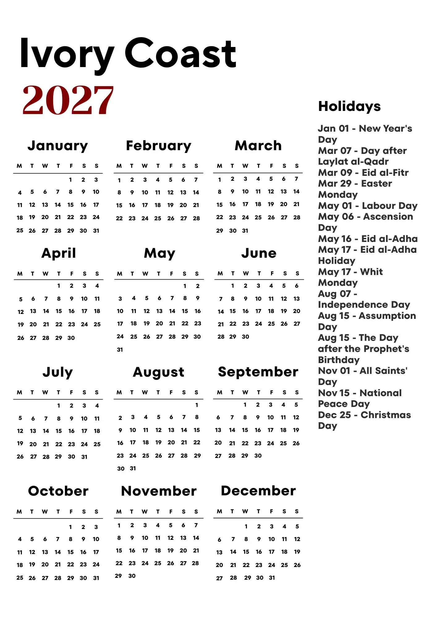 Ivory Coast Calendar 2027