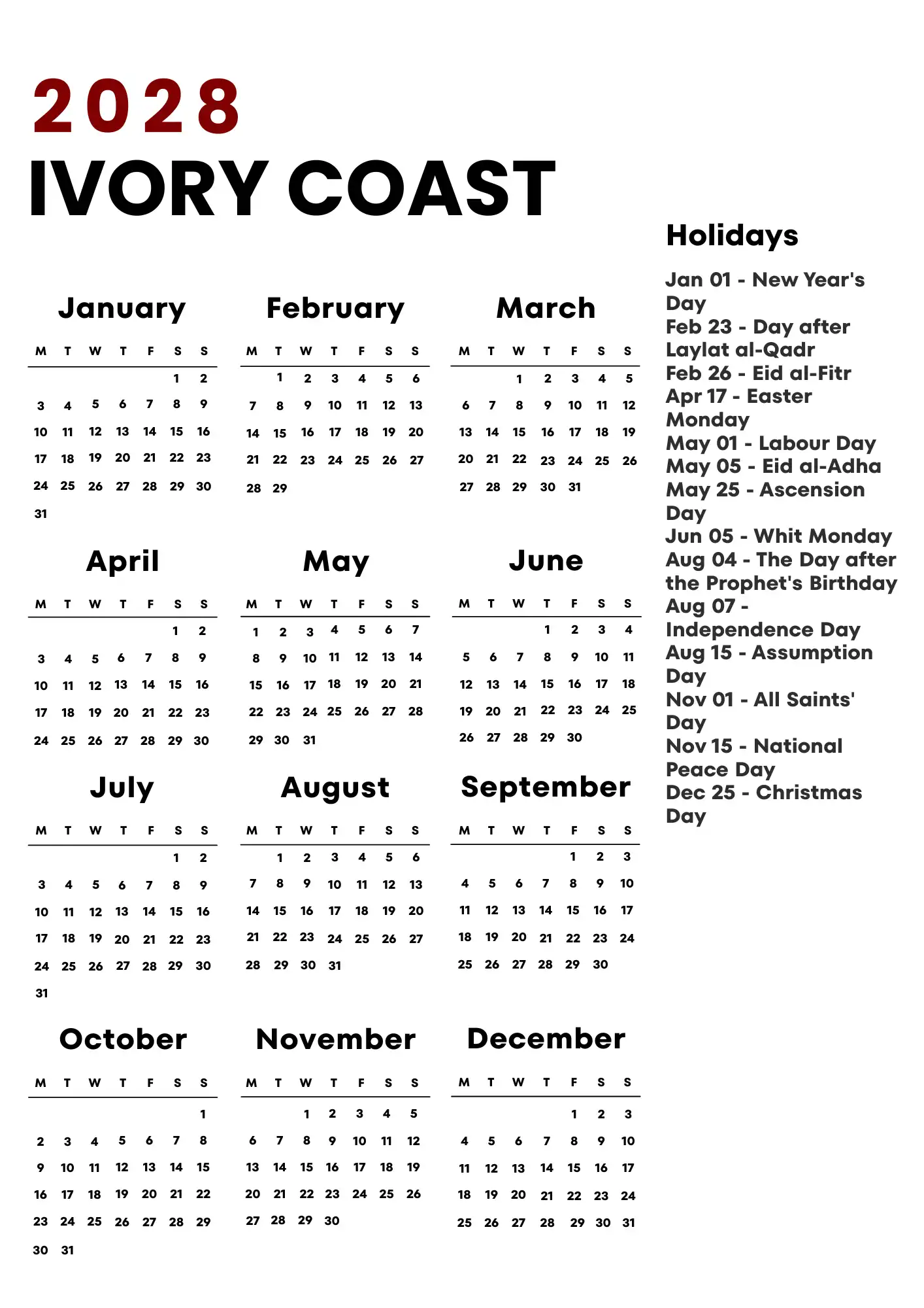 Ivory Coast Calendar 2028