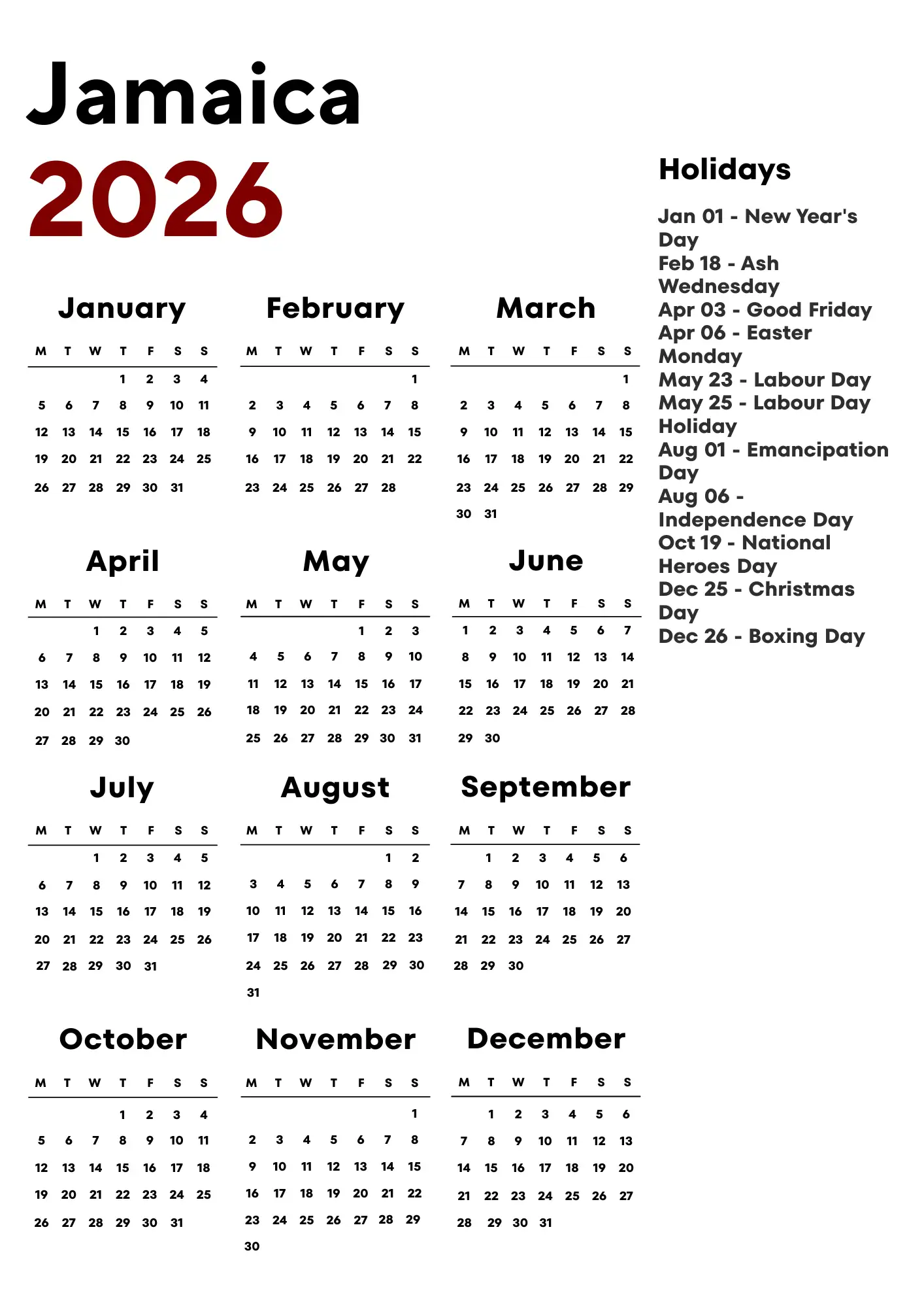 Jamaica Calendar 2026