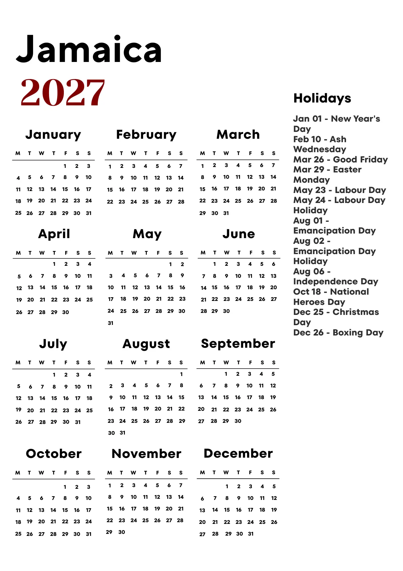 Jamaica Calendar 2027