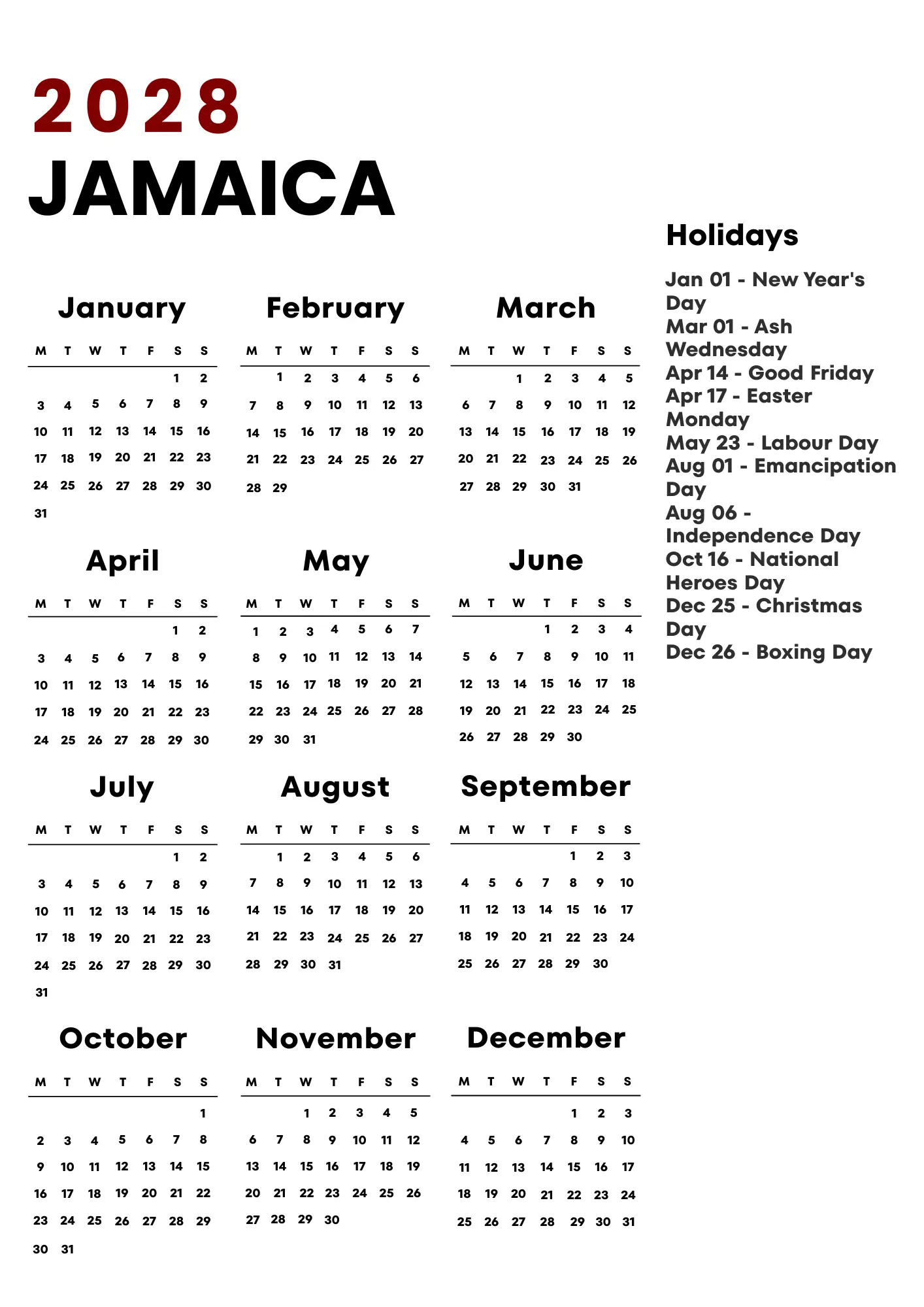 Jamaica Calendar 2028