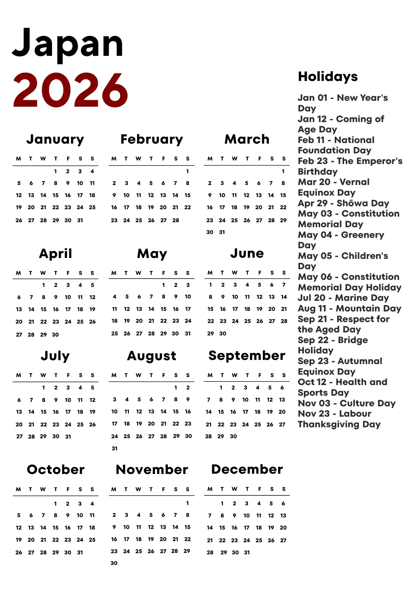Japan Calendar 2026