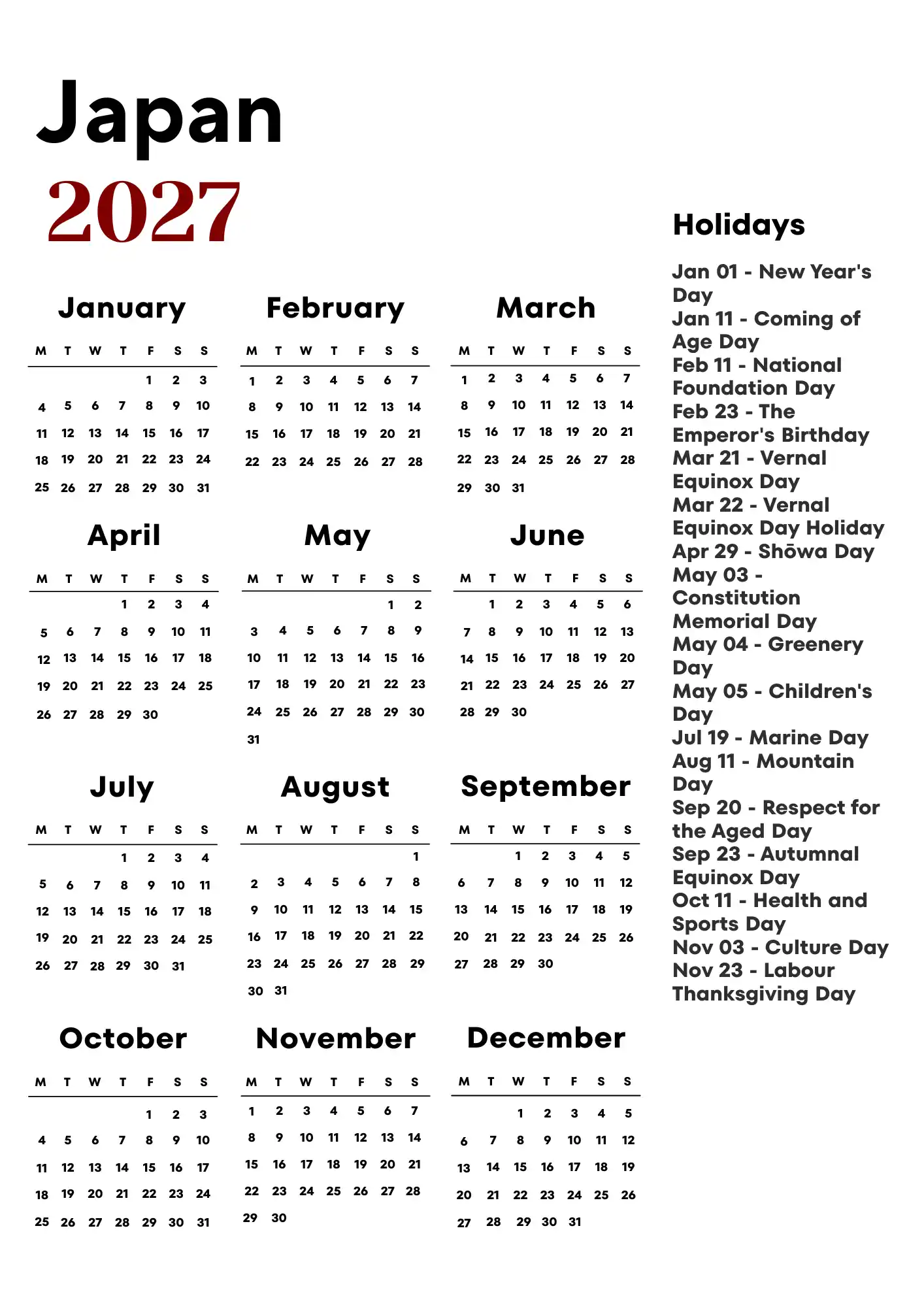 Japan Calendar 2027