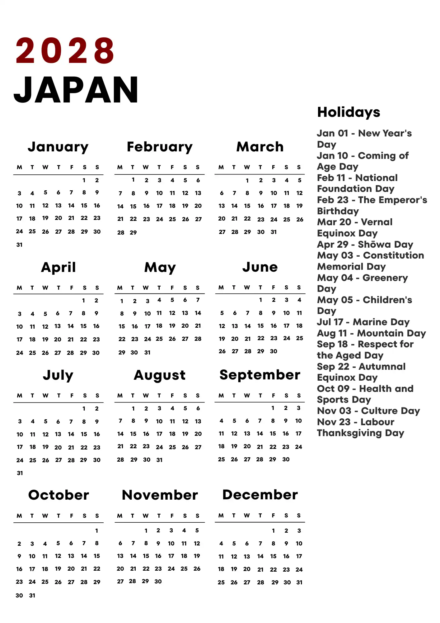 Japan Calendar 2028