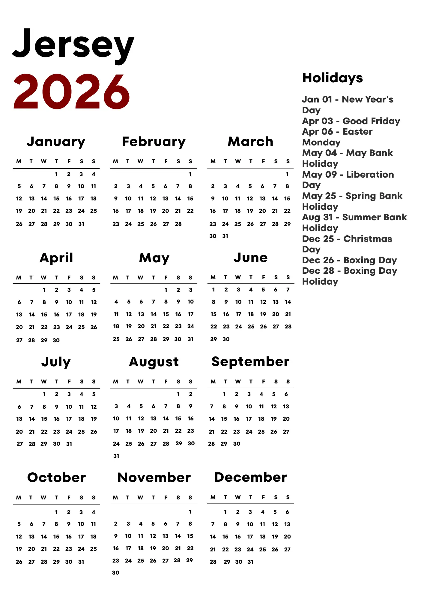 Jersey Calendar 2026
