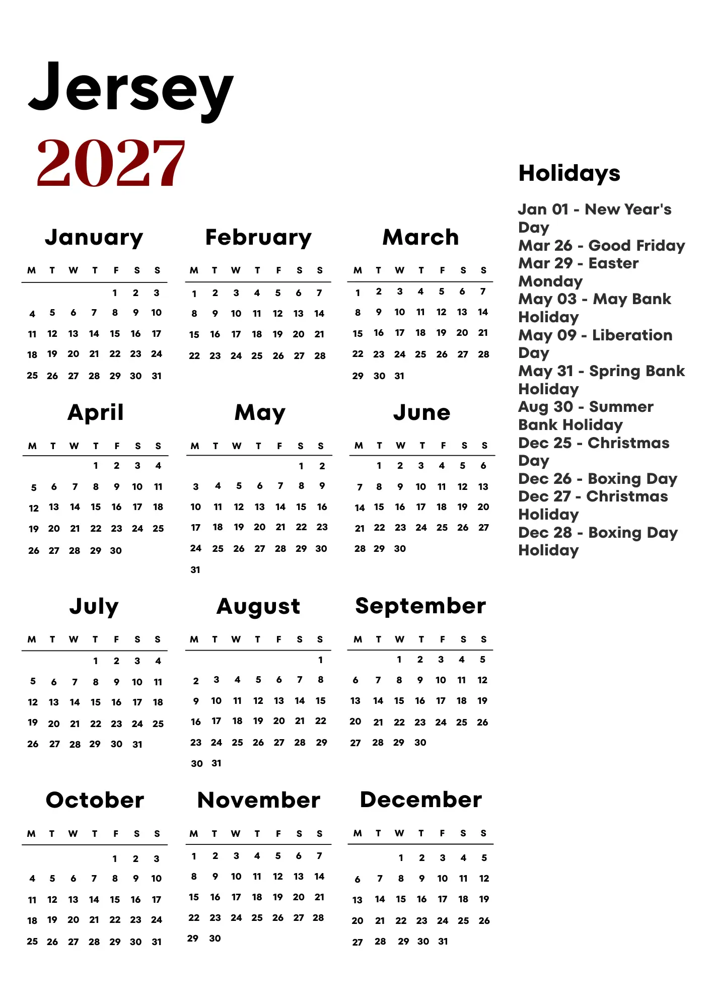 Jersey Calendar 2027