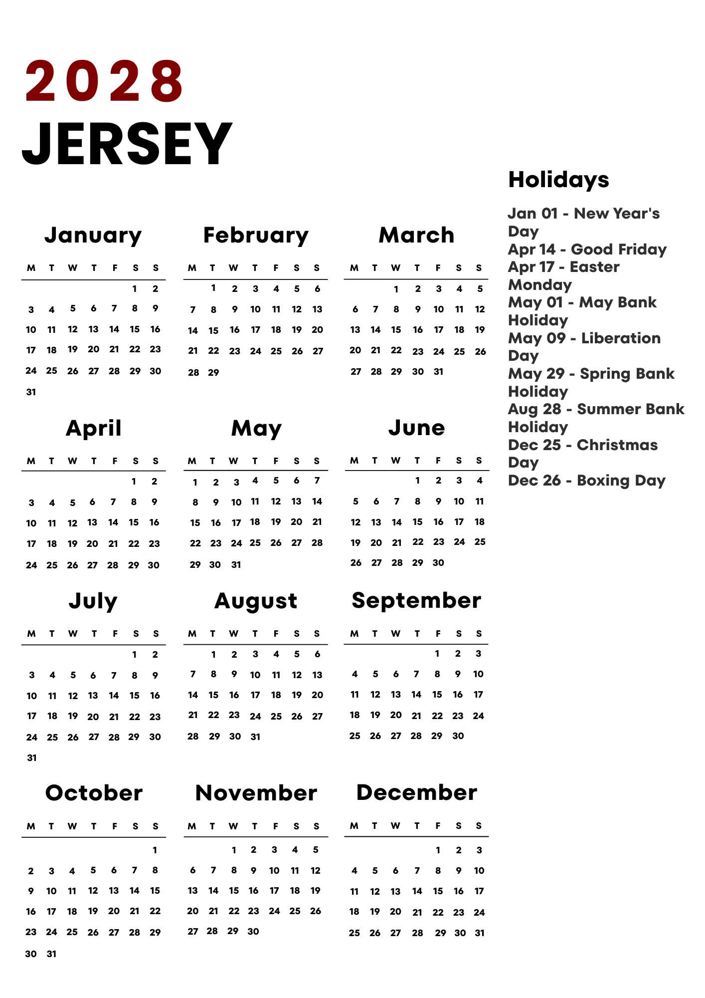 Jersey Calendar 2028