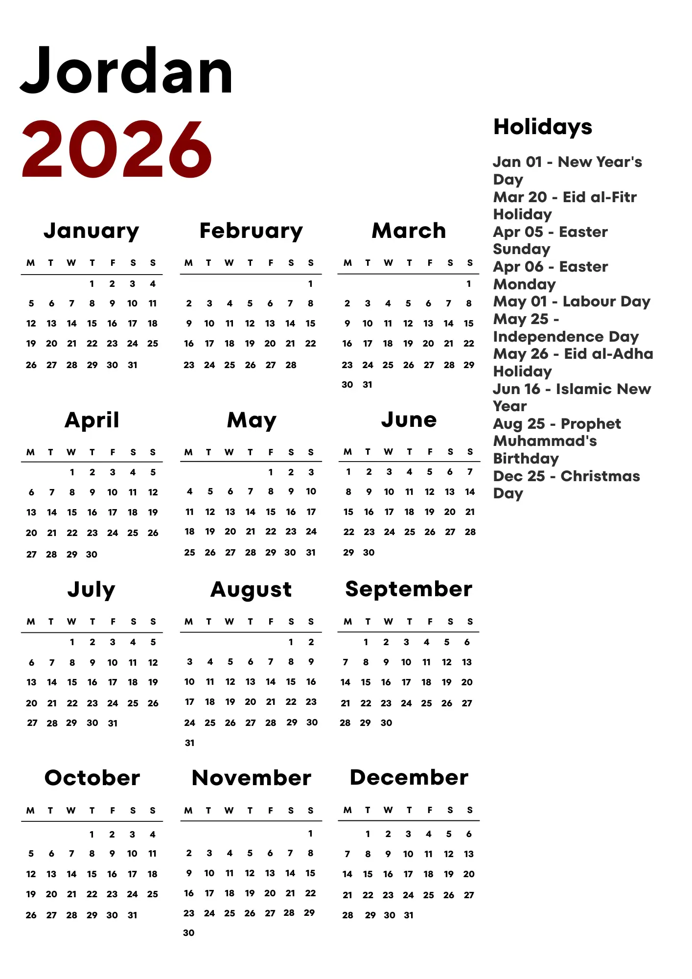 Jordan Calendar 2026