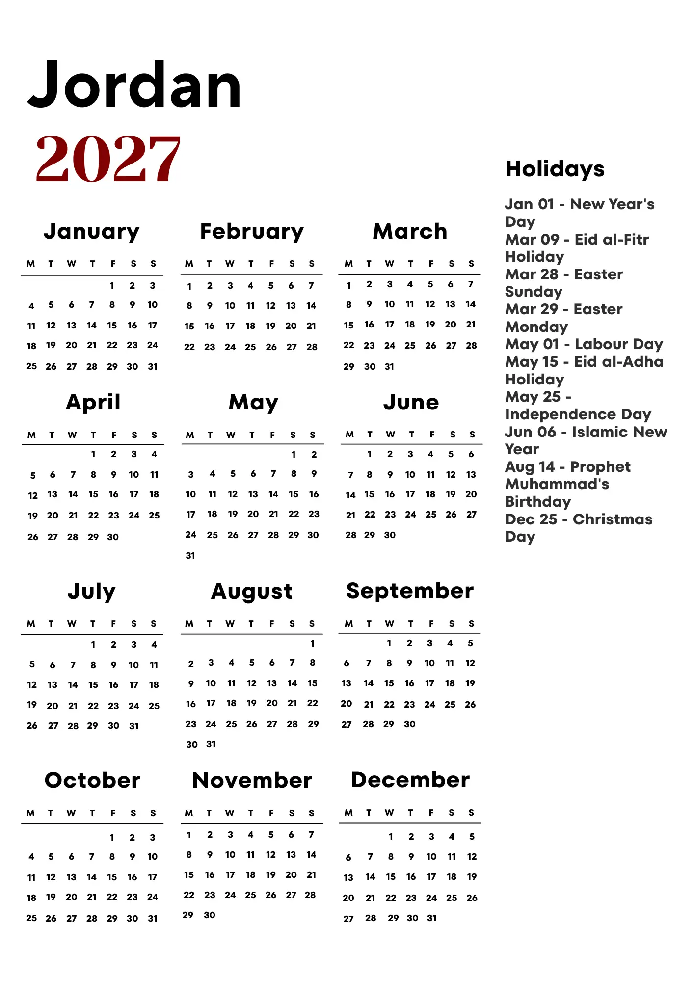 Jordan Calendar 2027