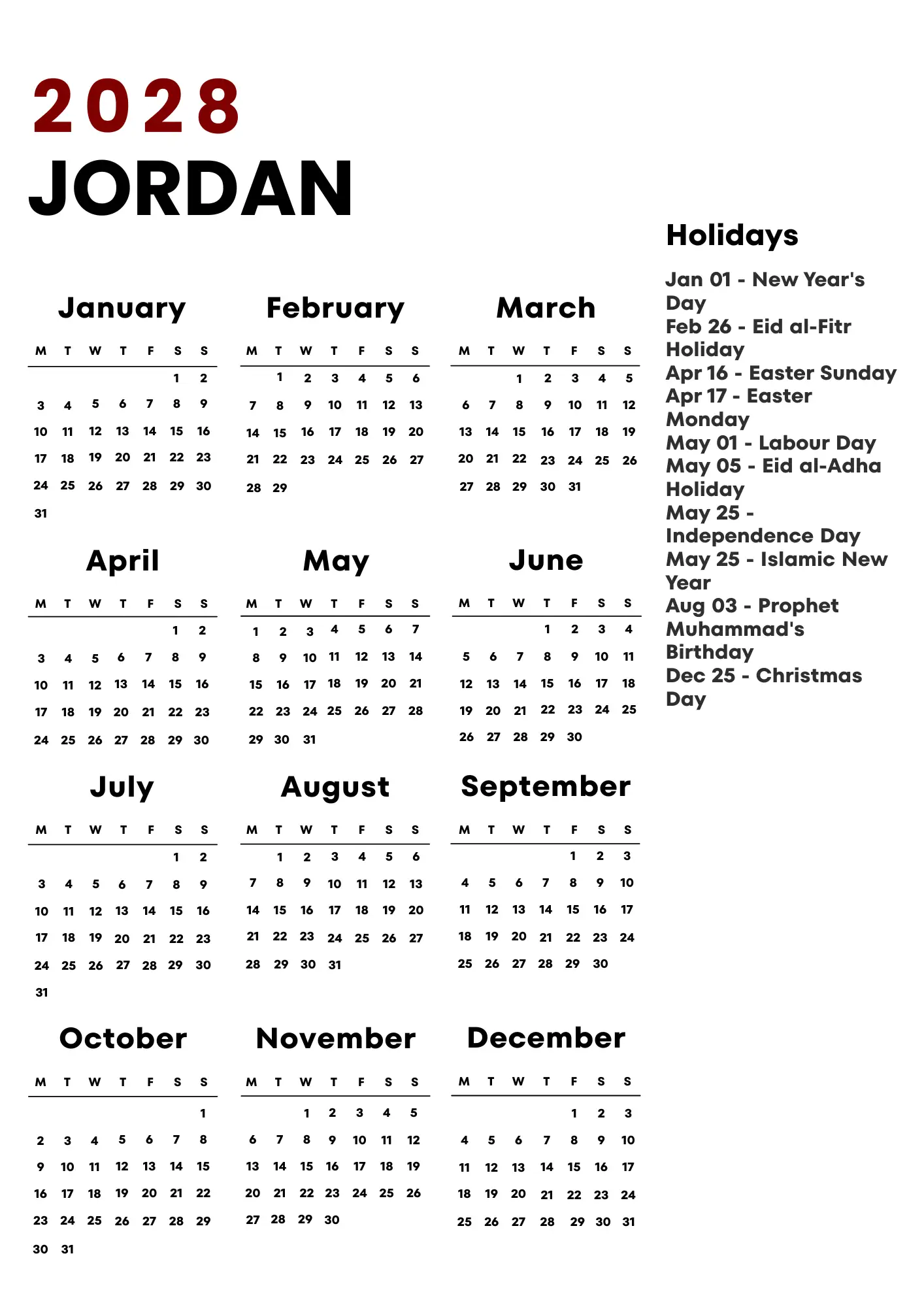 Jordan Calendar 2028