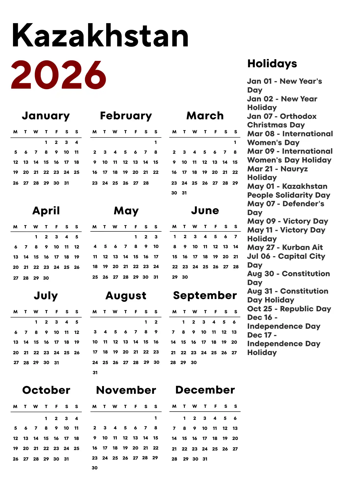Kazakhstan Calendar 2026