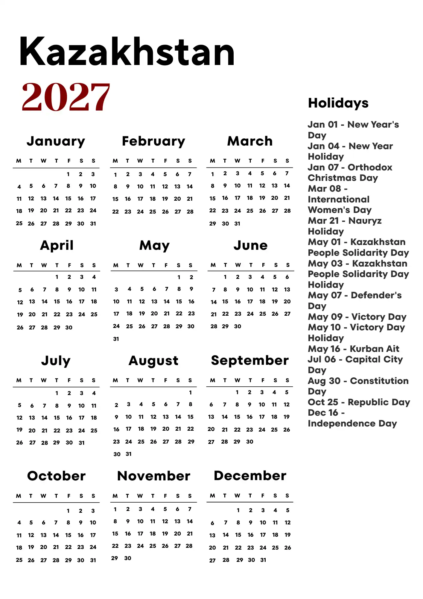 Kazakhstan Calendar 2027