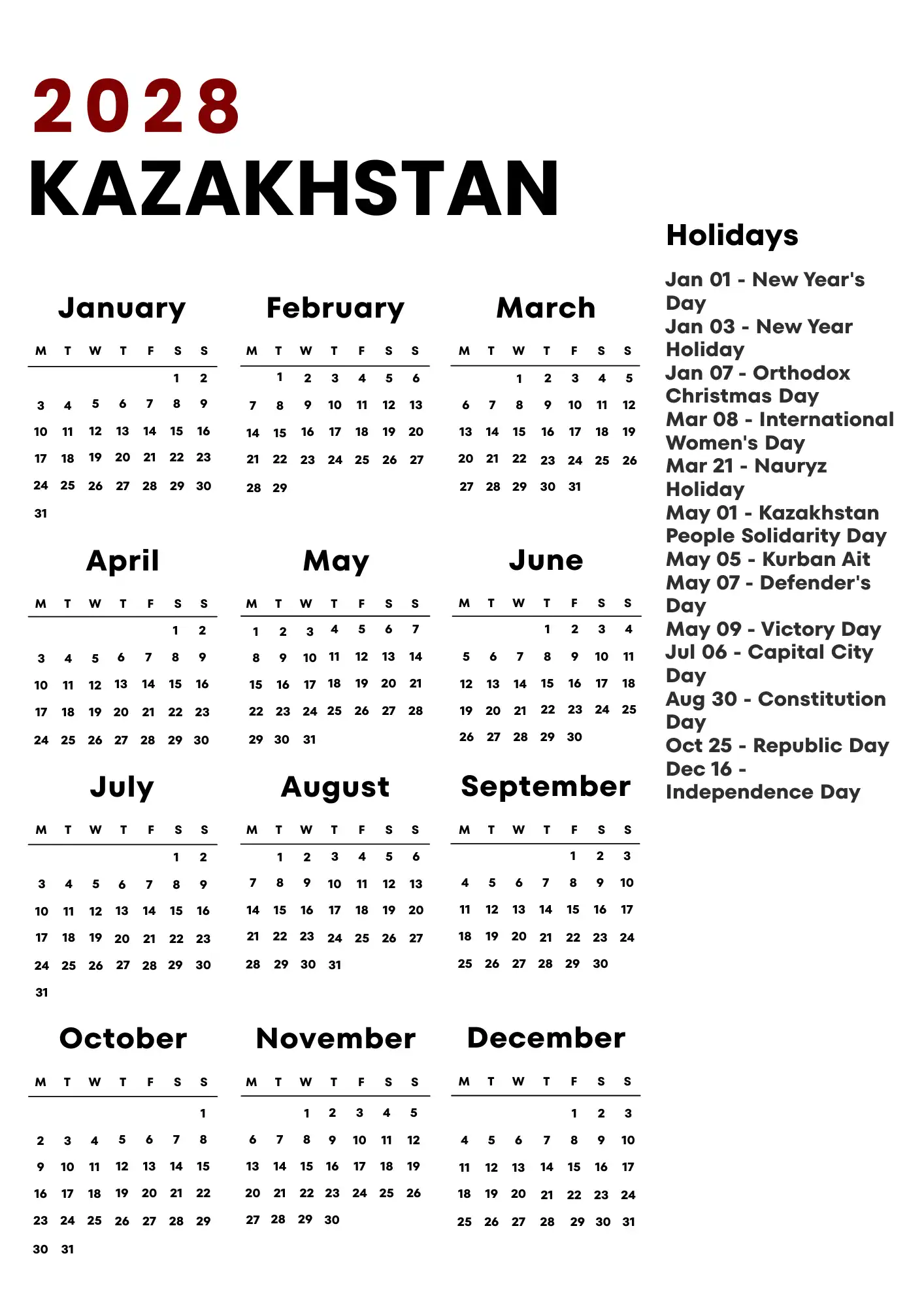 Kazakhstan Calendar 2028