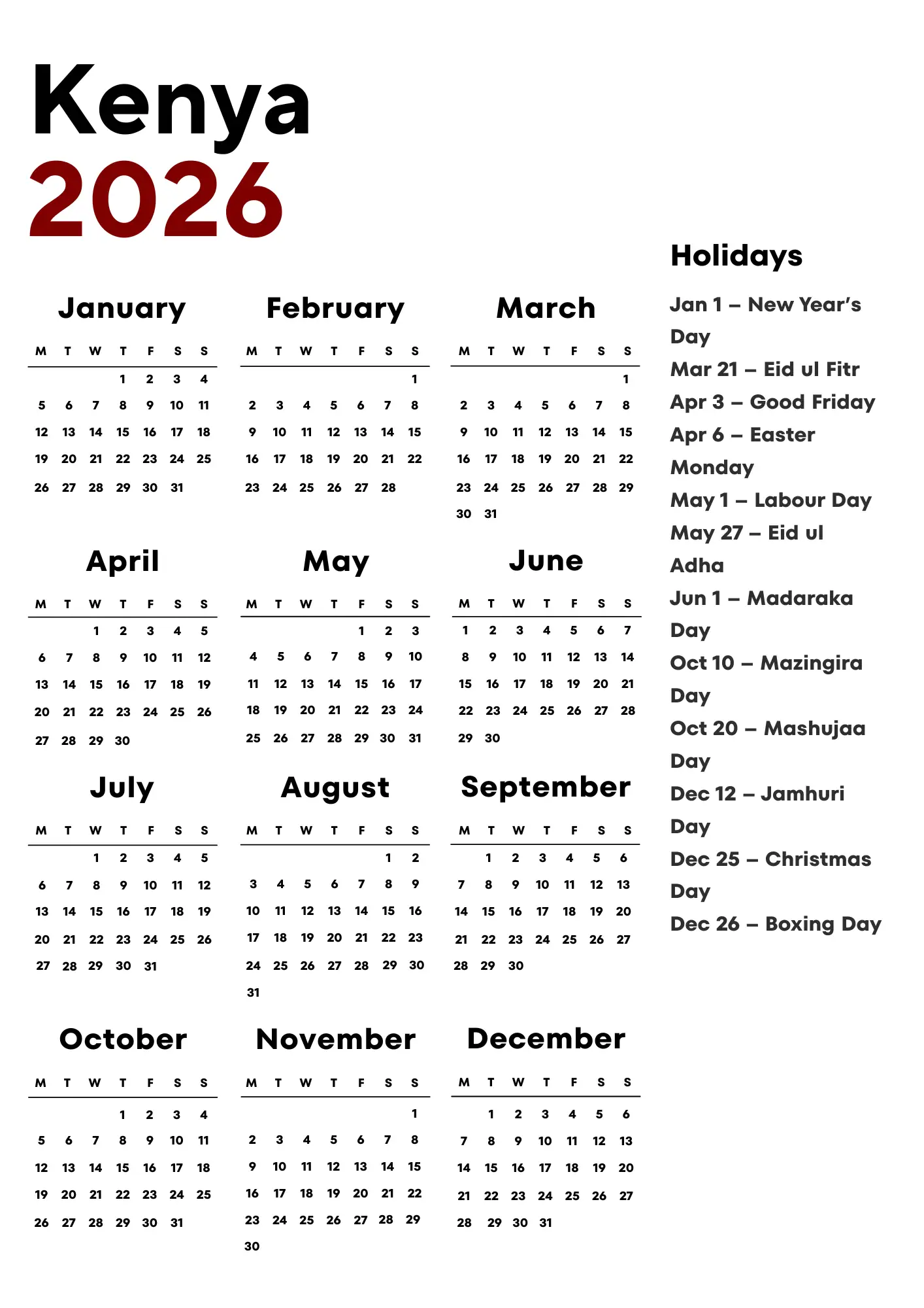 Kenya Calendar 2026