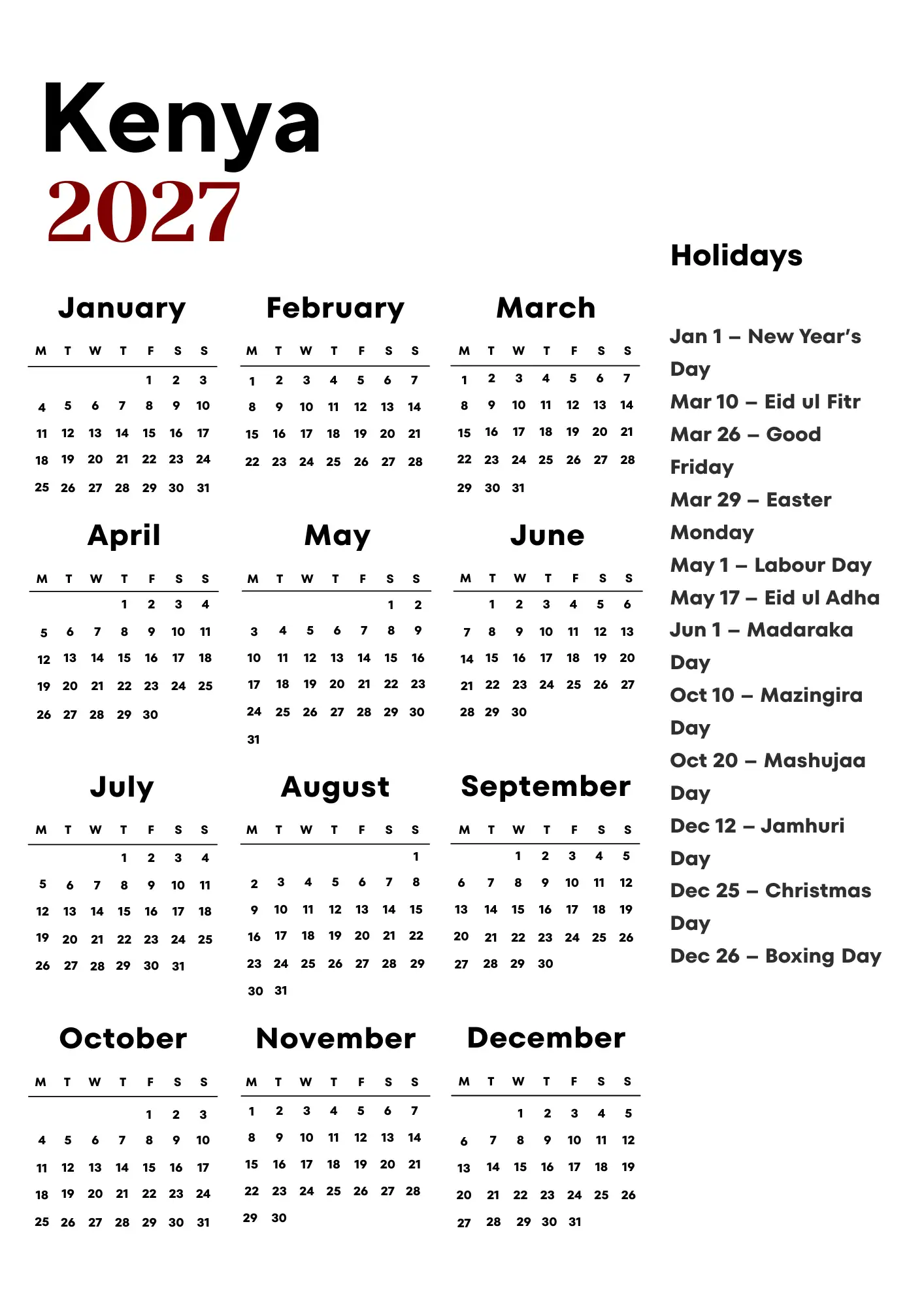 Kenya Calendar 2027