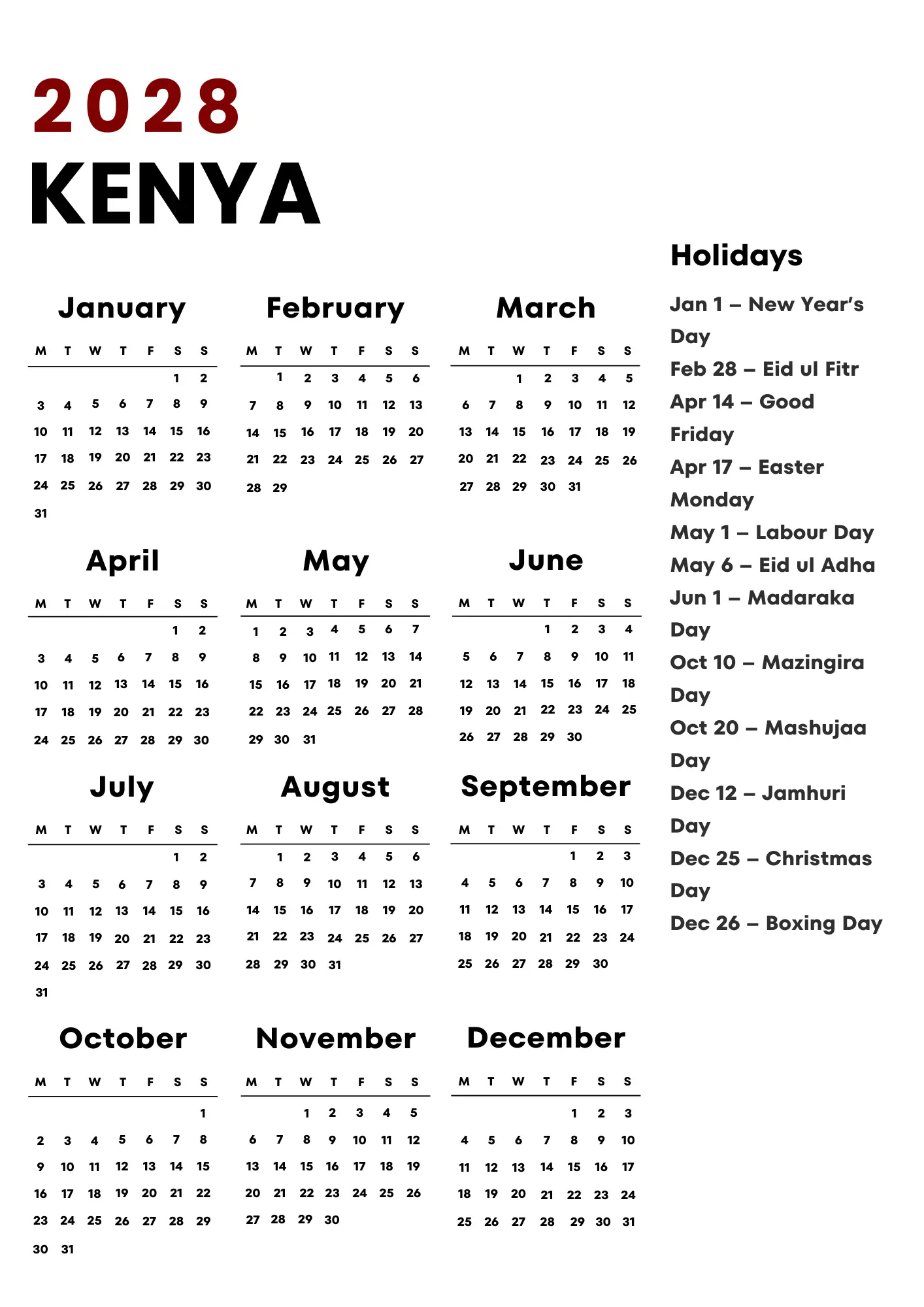 Kenya Calendar 2028