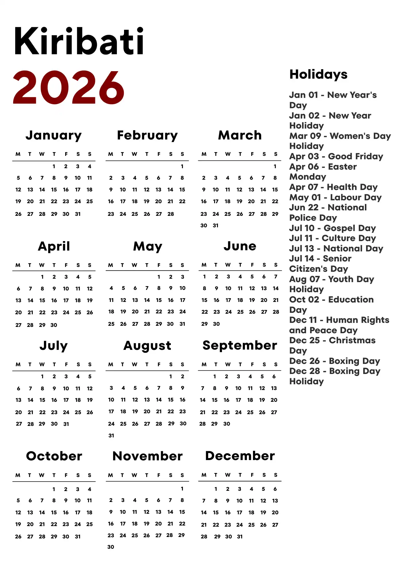 Kiribati Calendar 2026