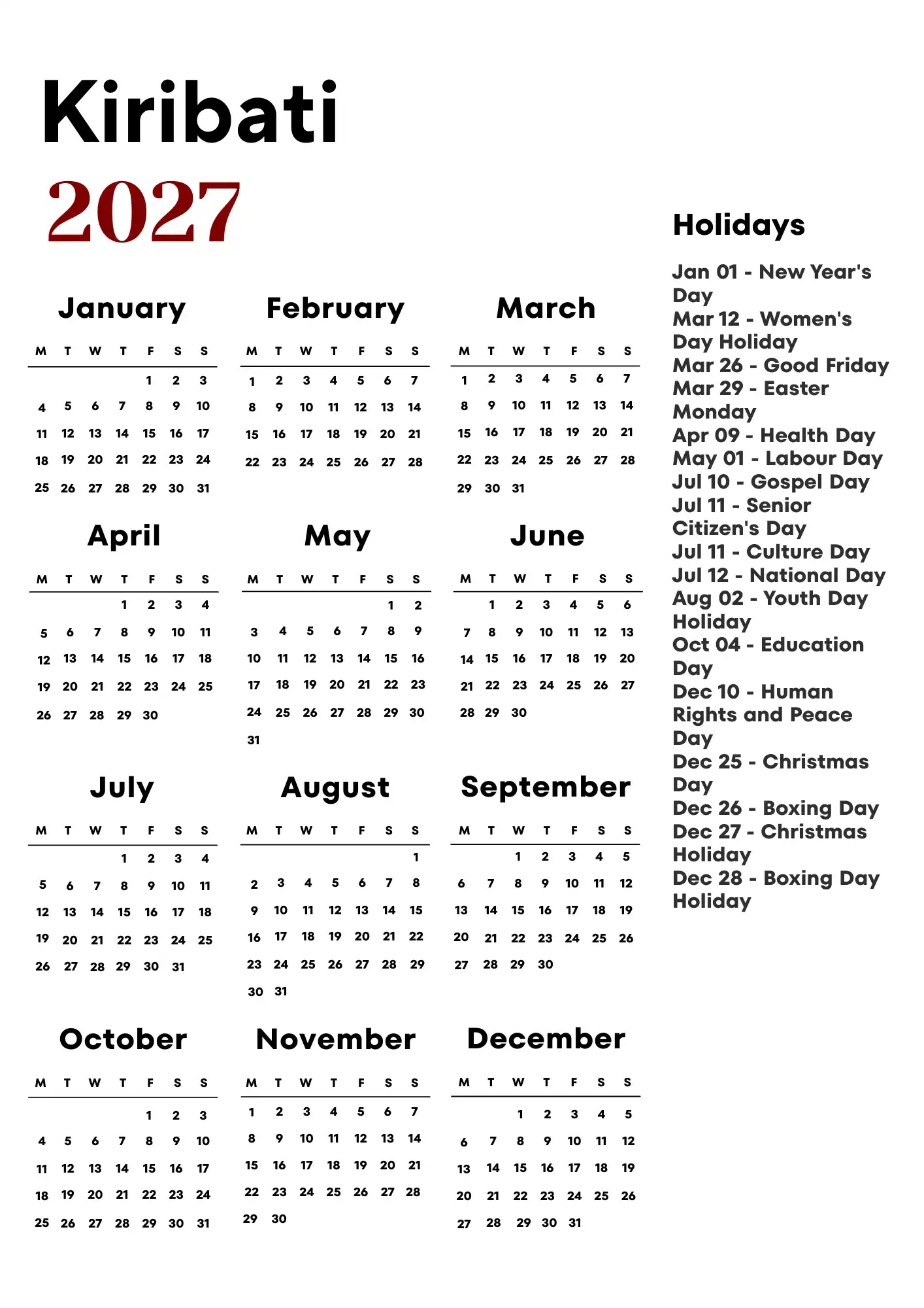 Kiribati Calendar 2027