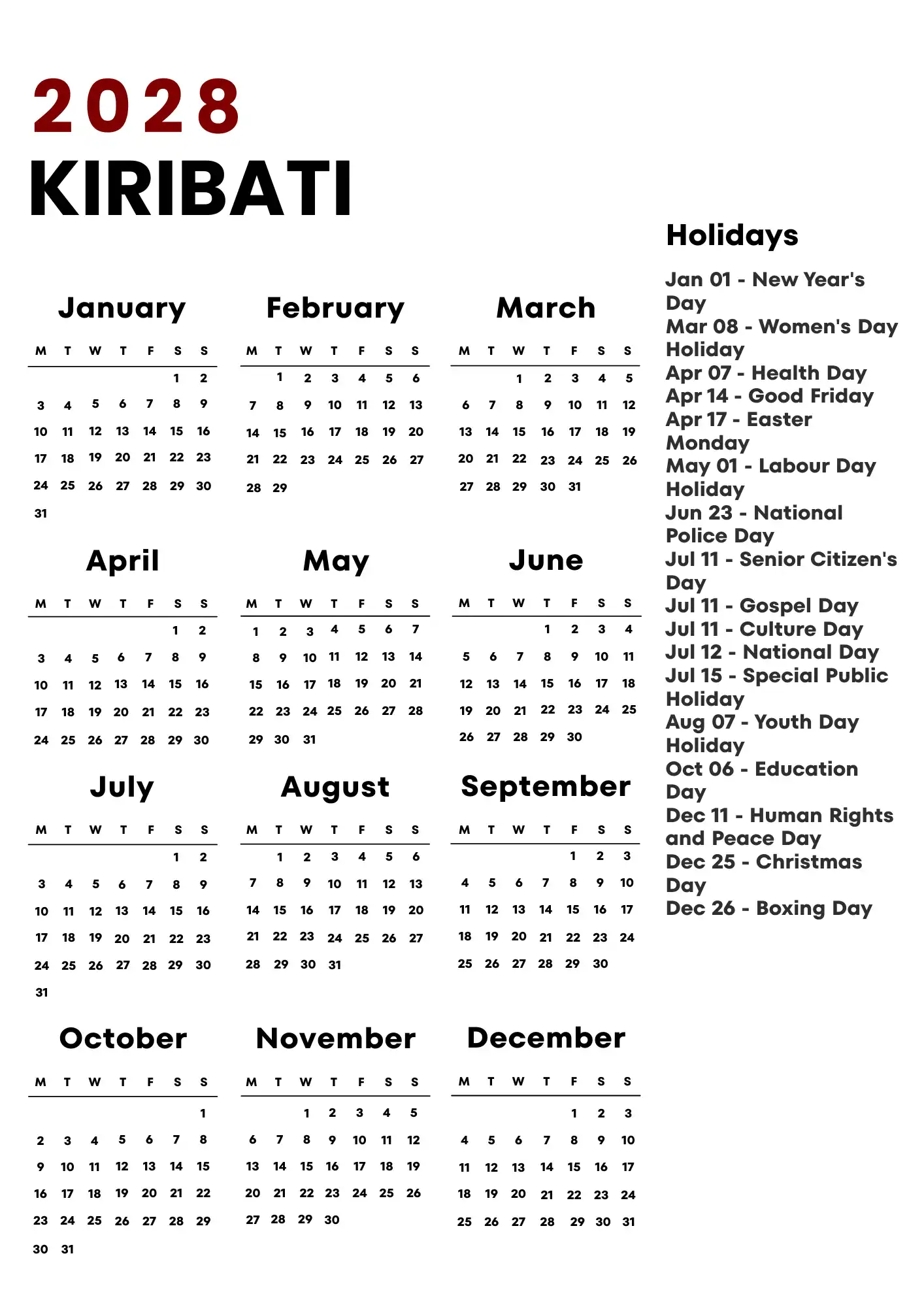 Kiribati Calendar 2028