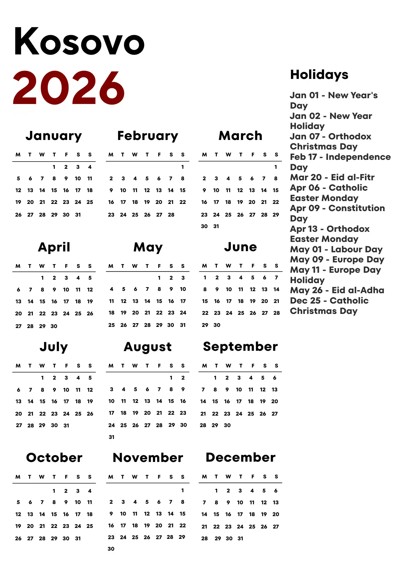 Kosovo Calendar 2026