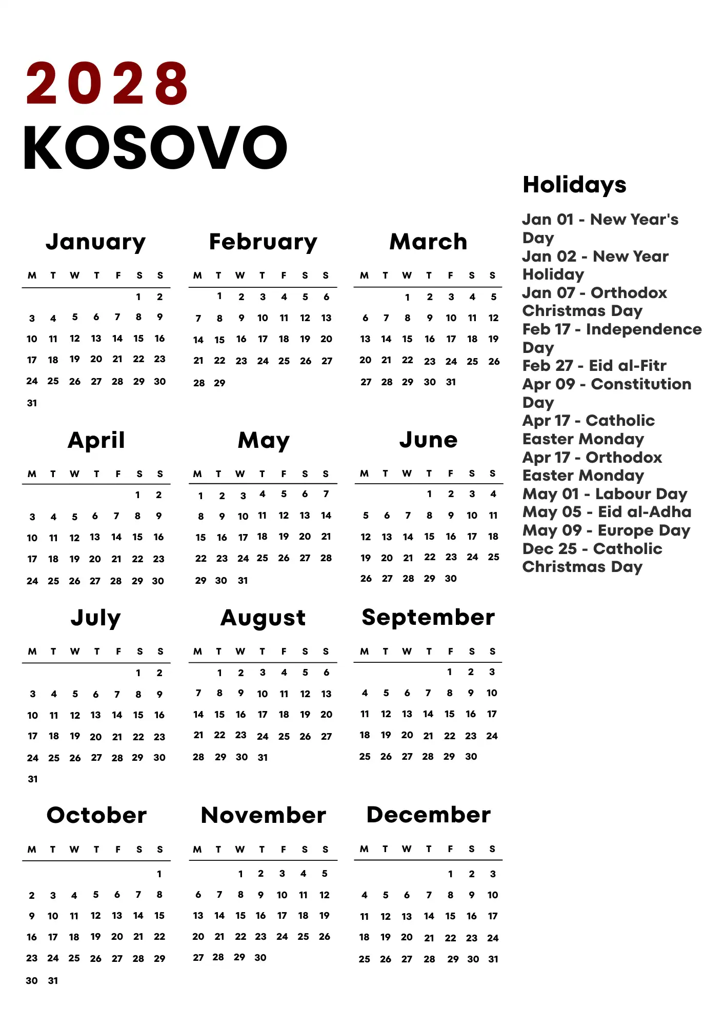 Kosovo Calendar 2028
