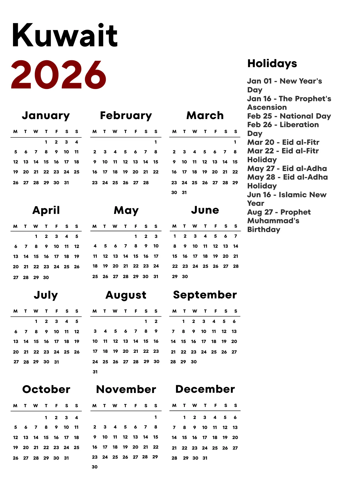 Kuwait Calendar 2026