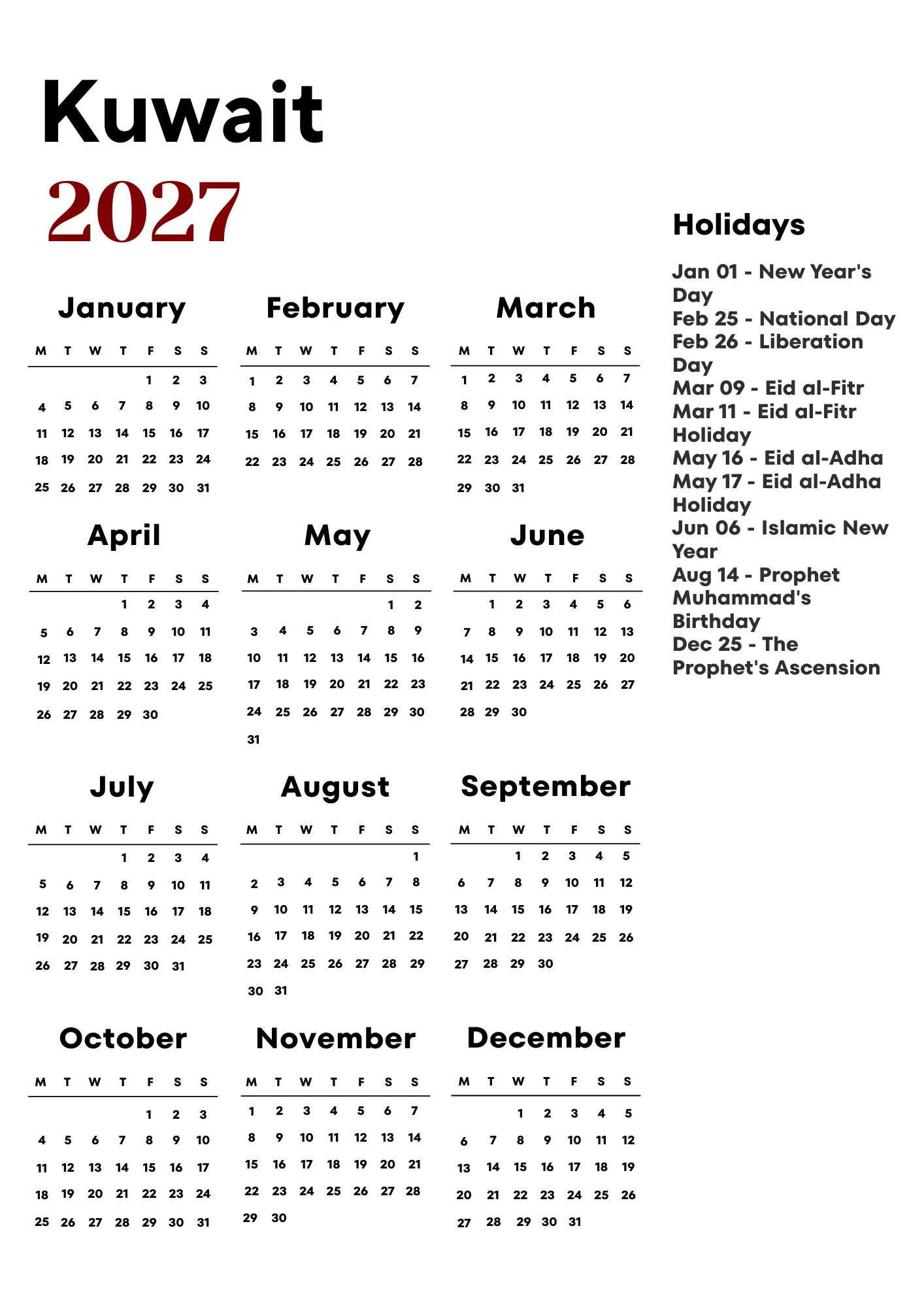 Kuwait Calendar 2027