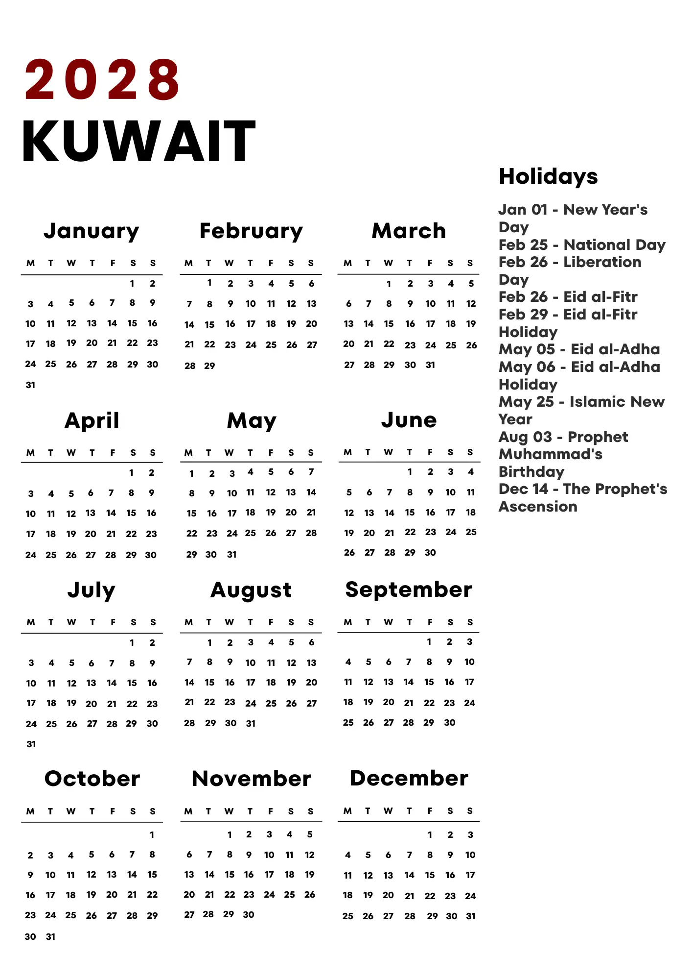 Kuwait Calendar 2028