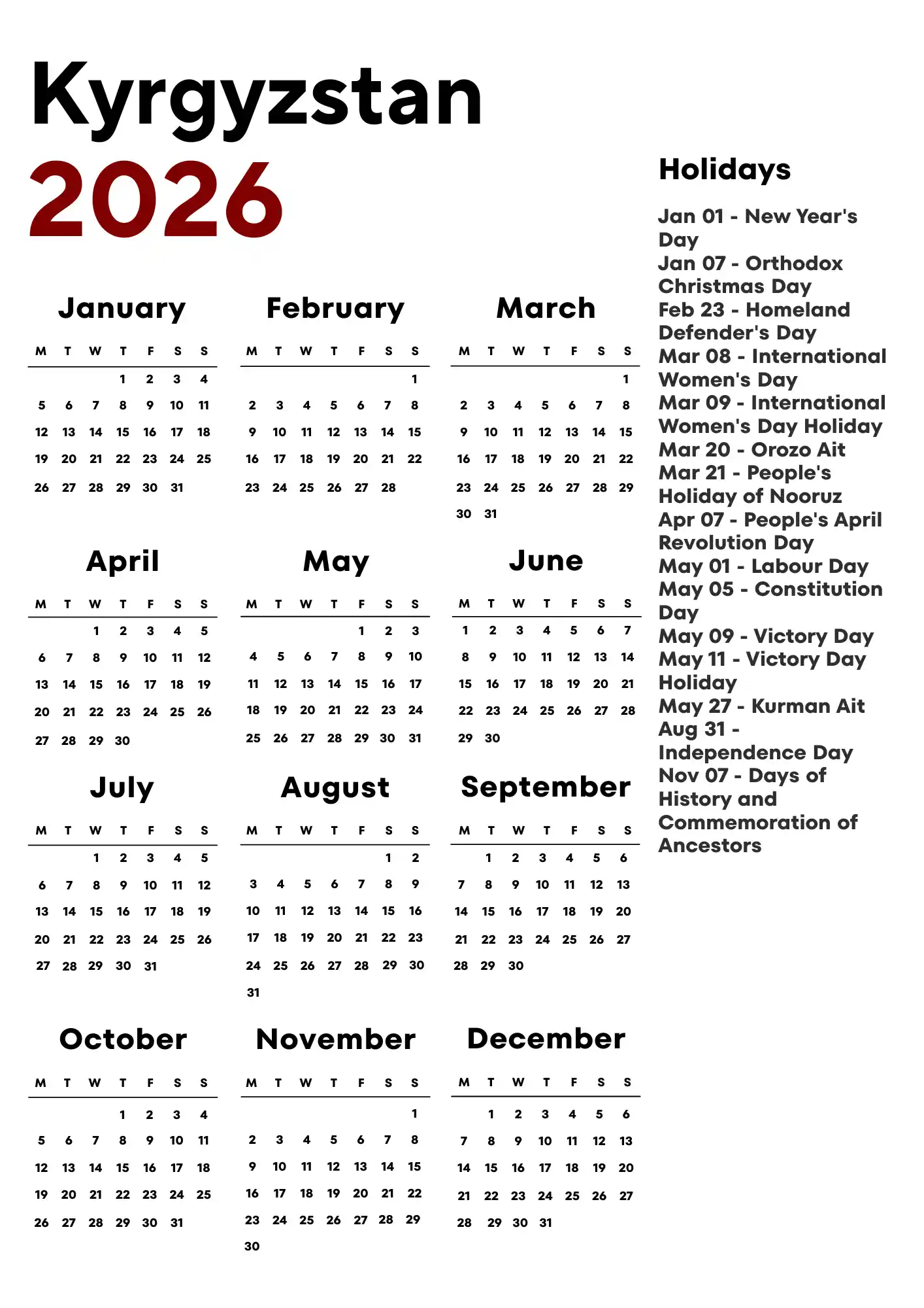 Kyrgyzstan Calendar 2026