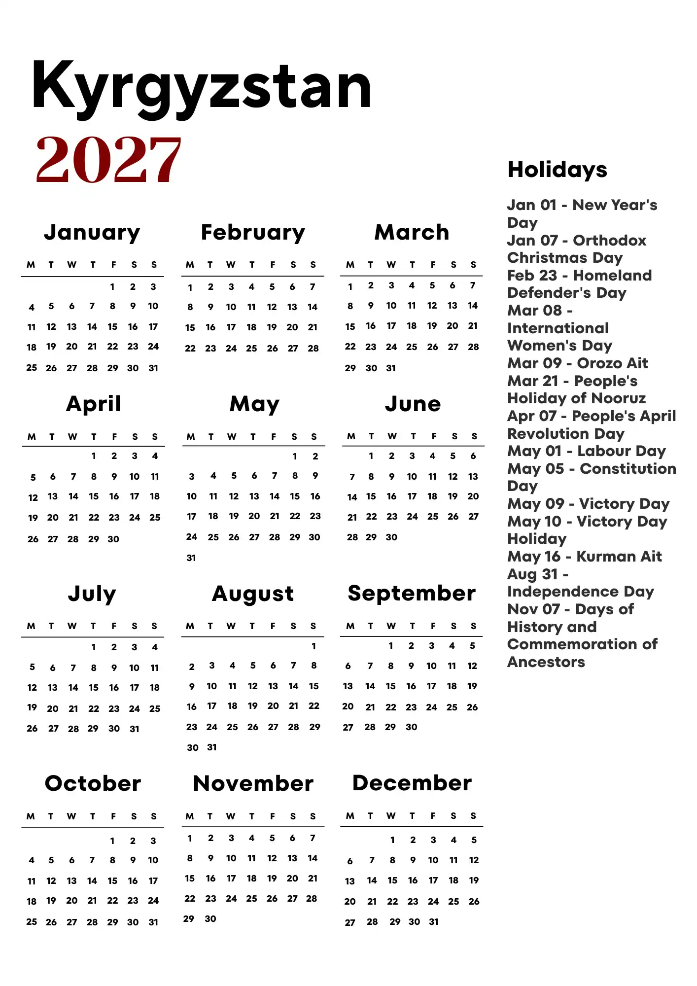 Kyrgyzstan Calendar 2027