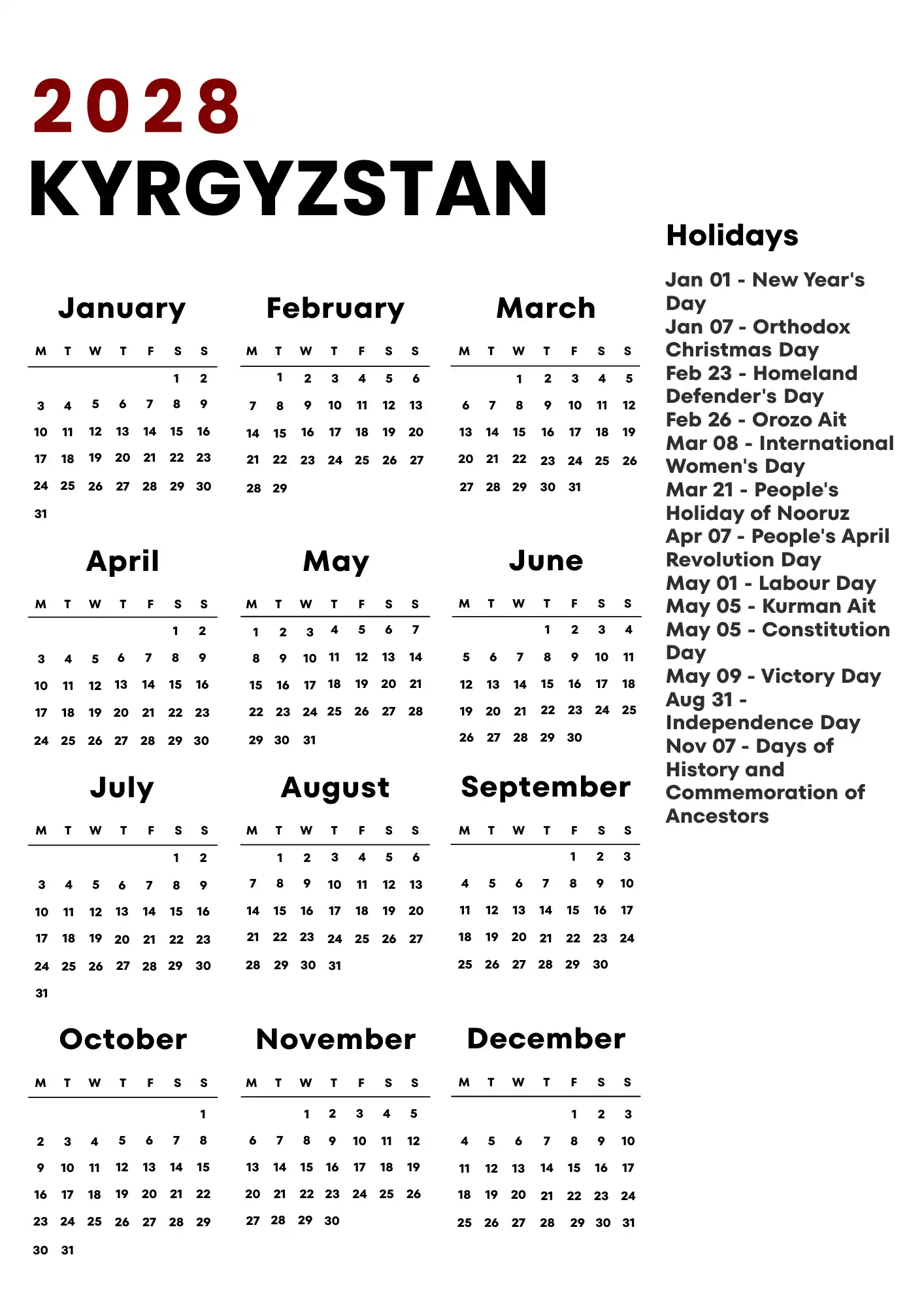 Kyrgyzstan Calendar 2028
