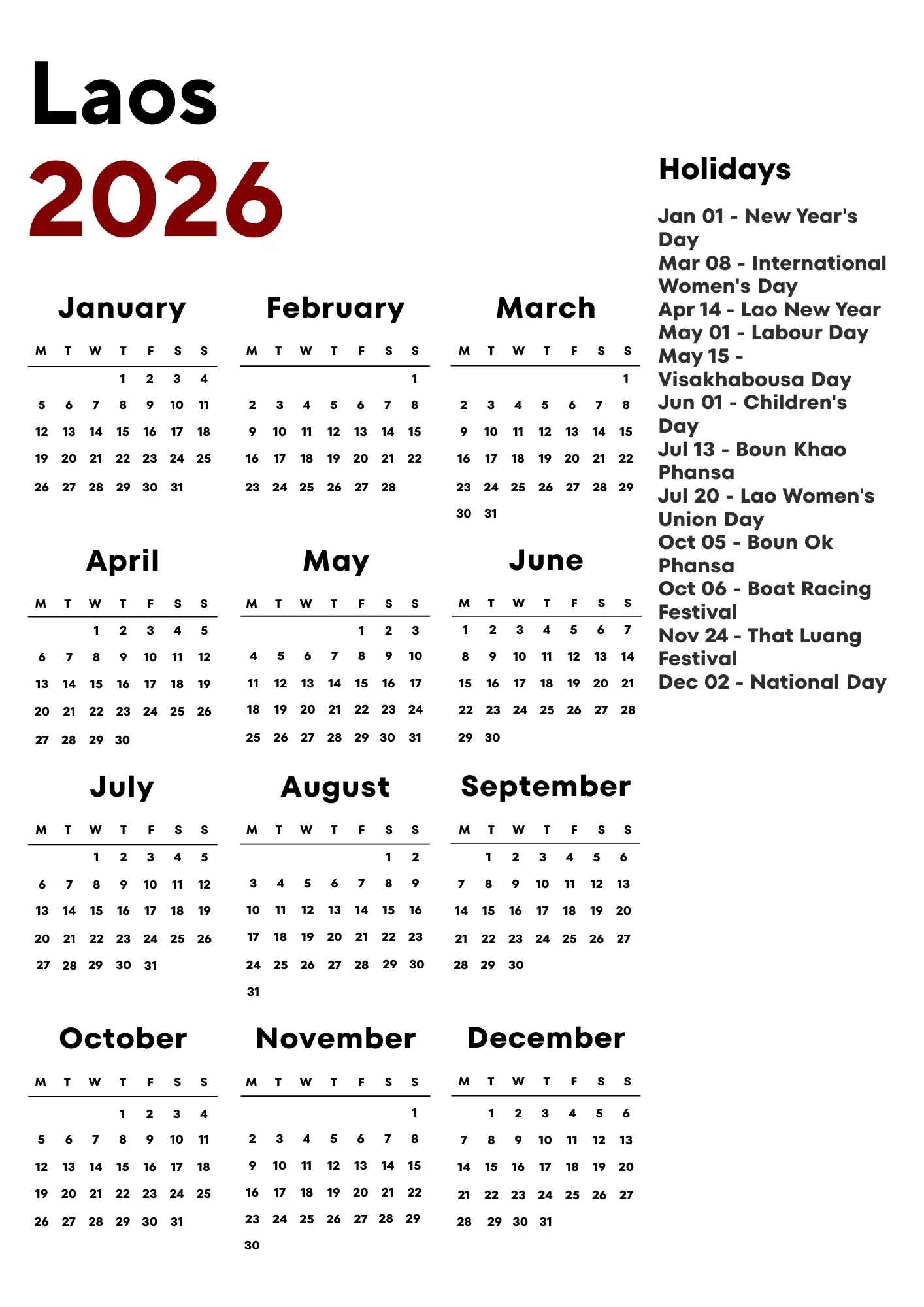 Laos Calendar 2026