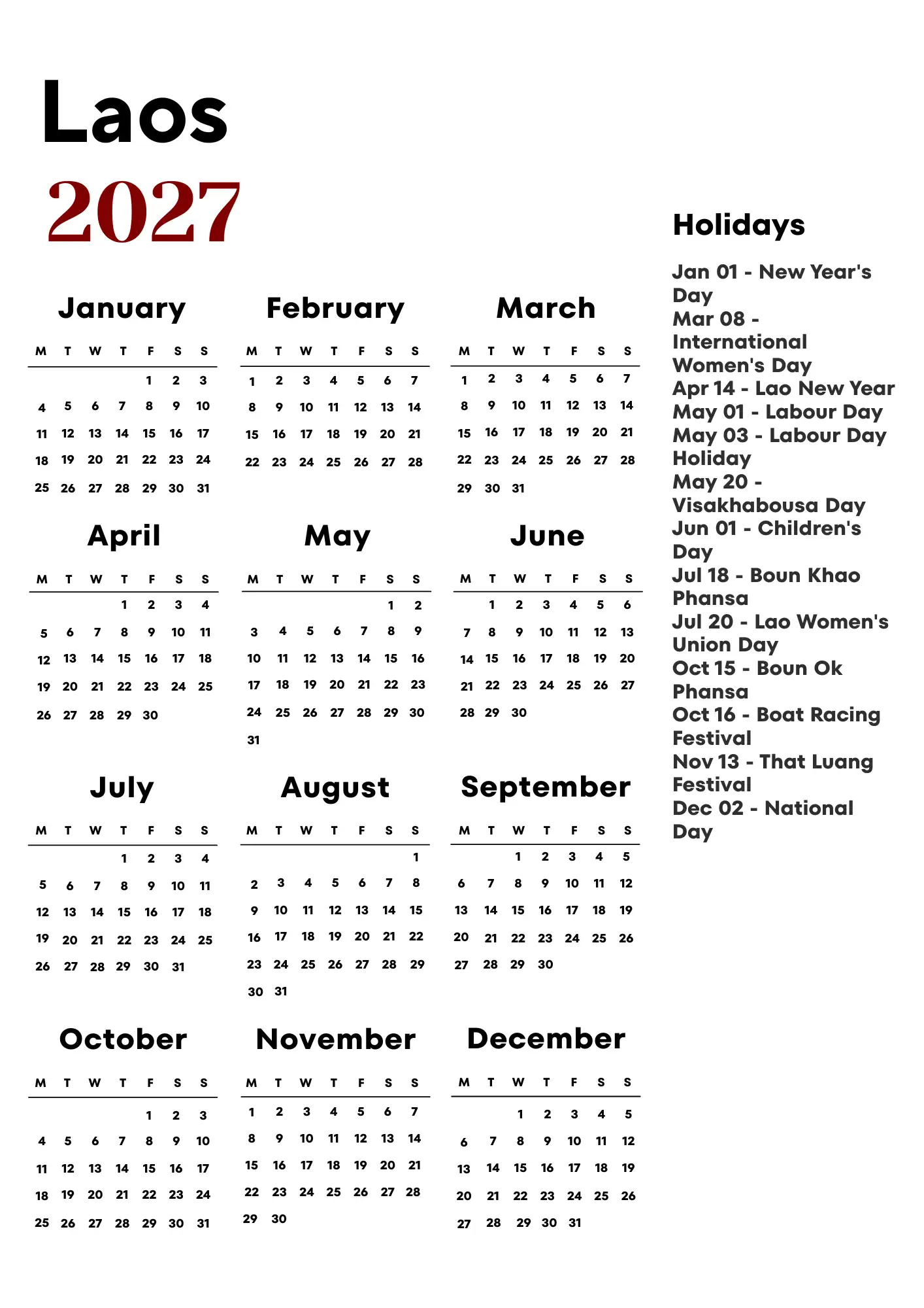 Laos Calendar 2027