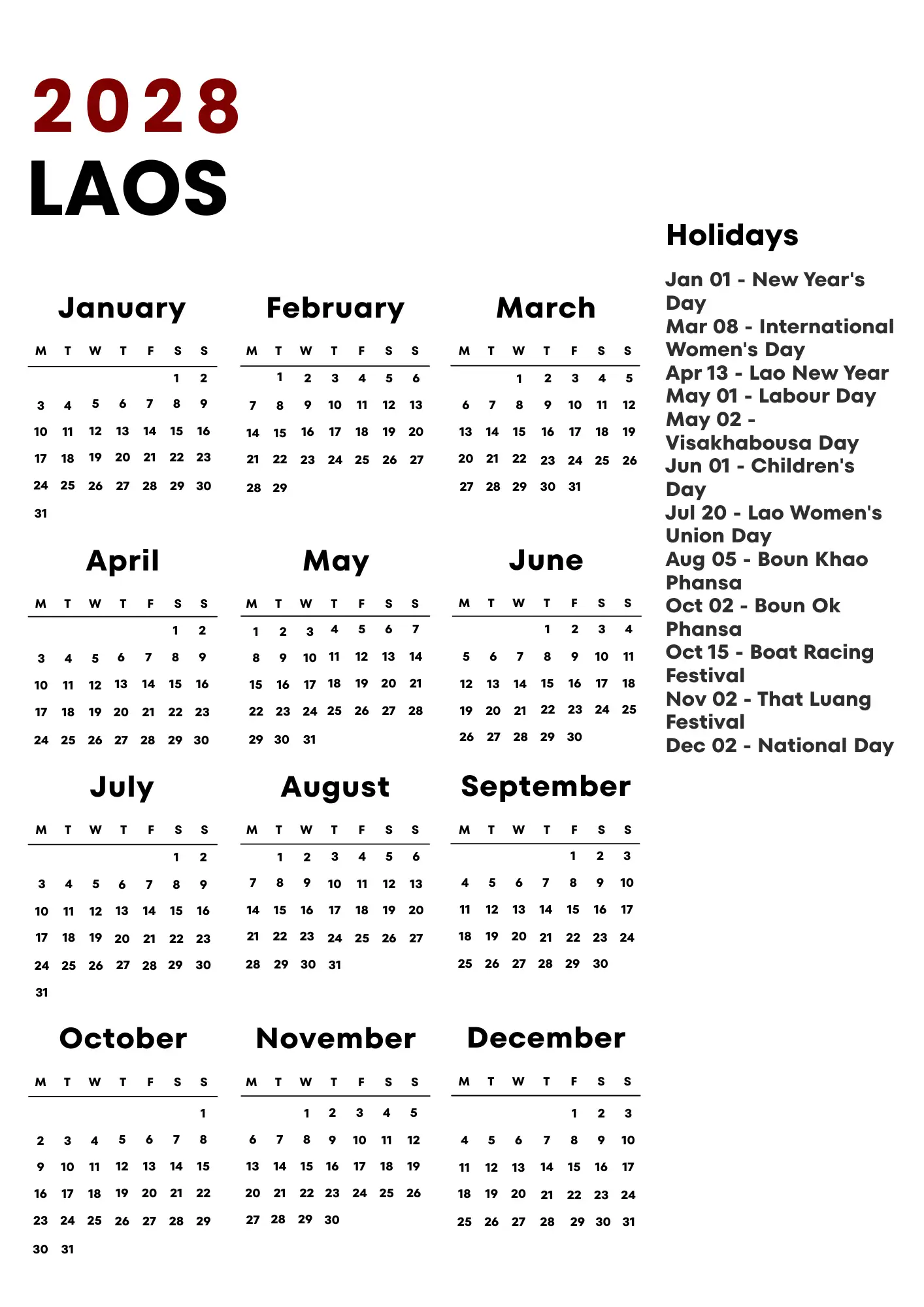Laos Calendar 2028