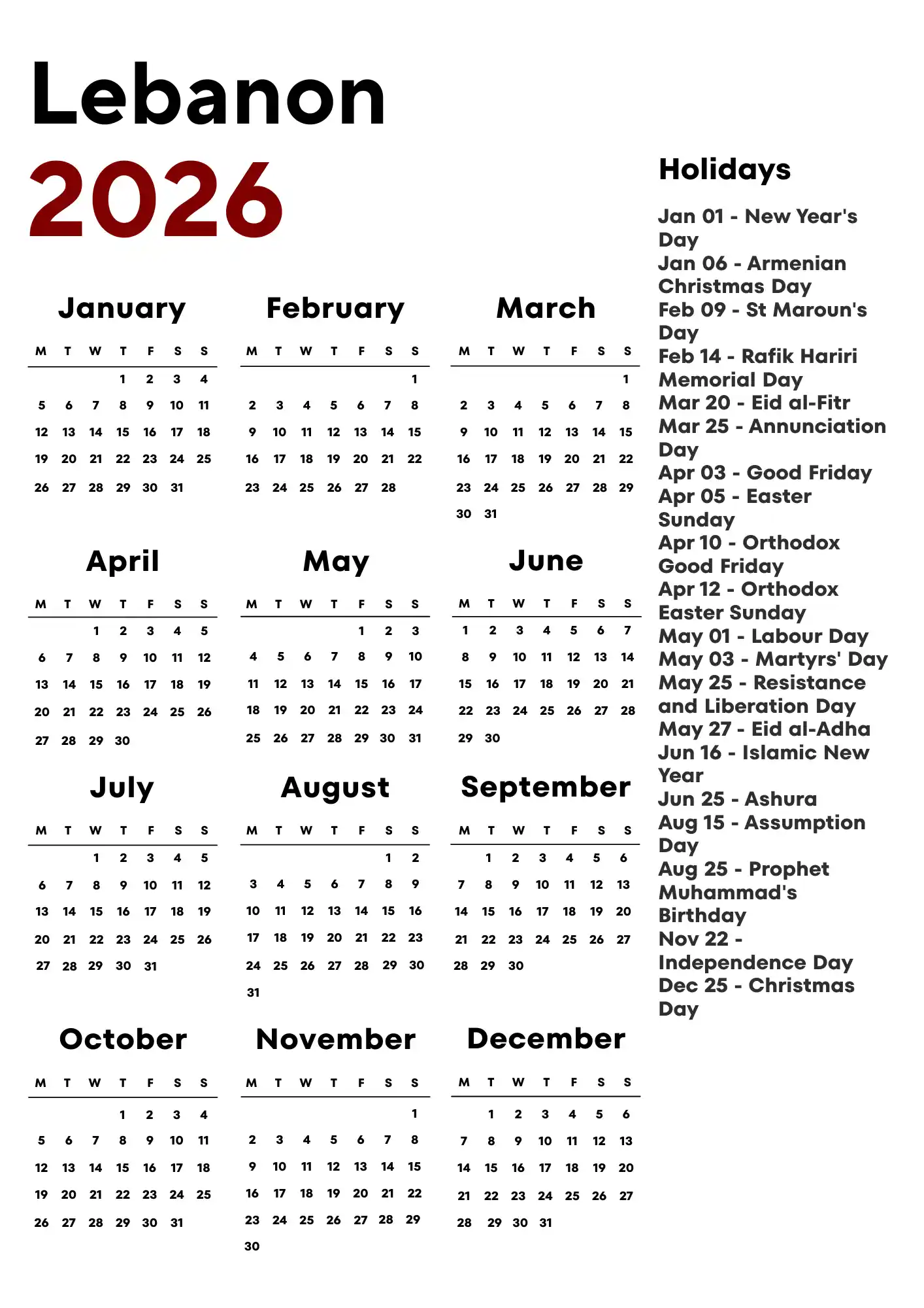Lebanon Calendar 2026