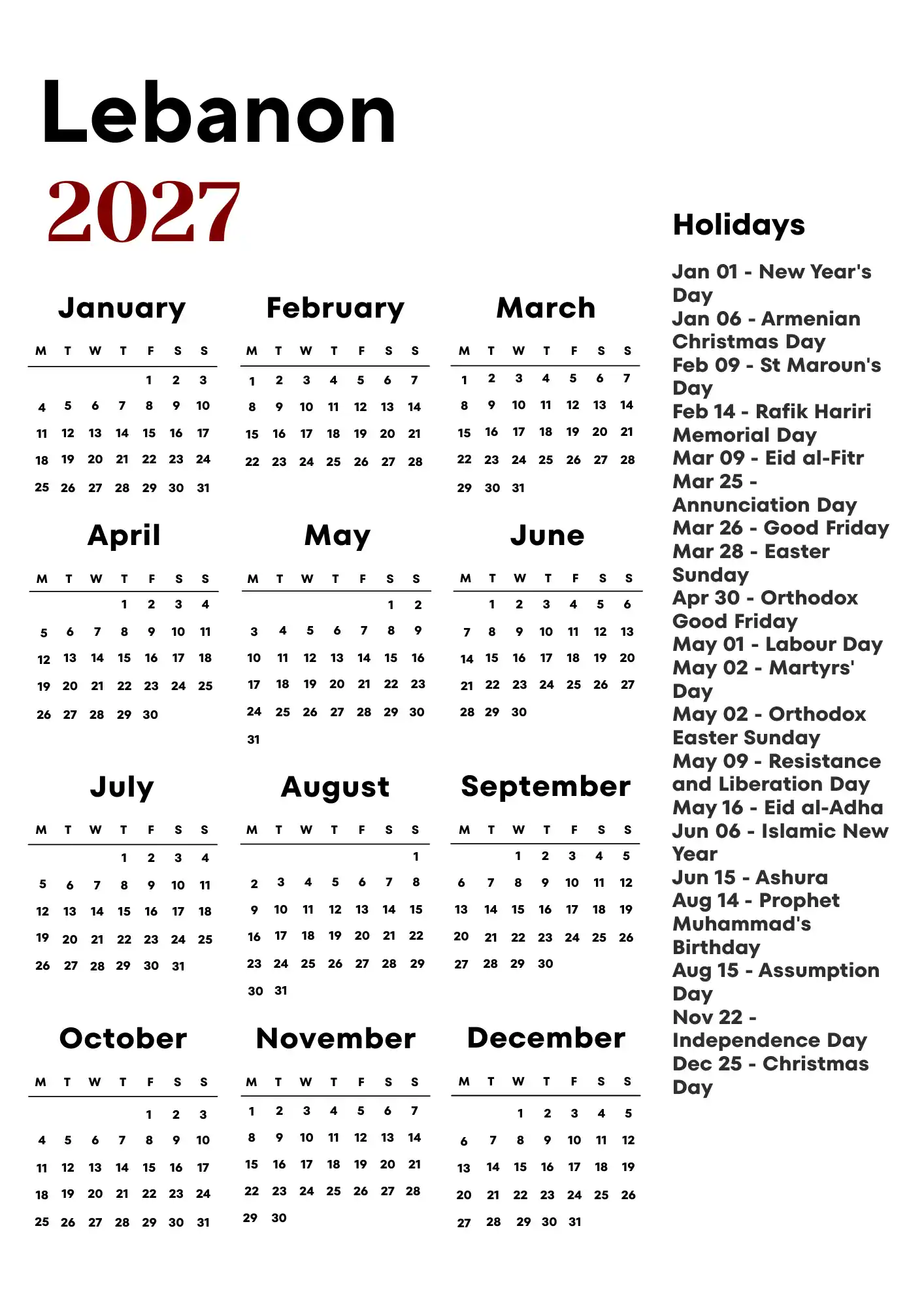 Lebanon Calendar 2027