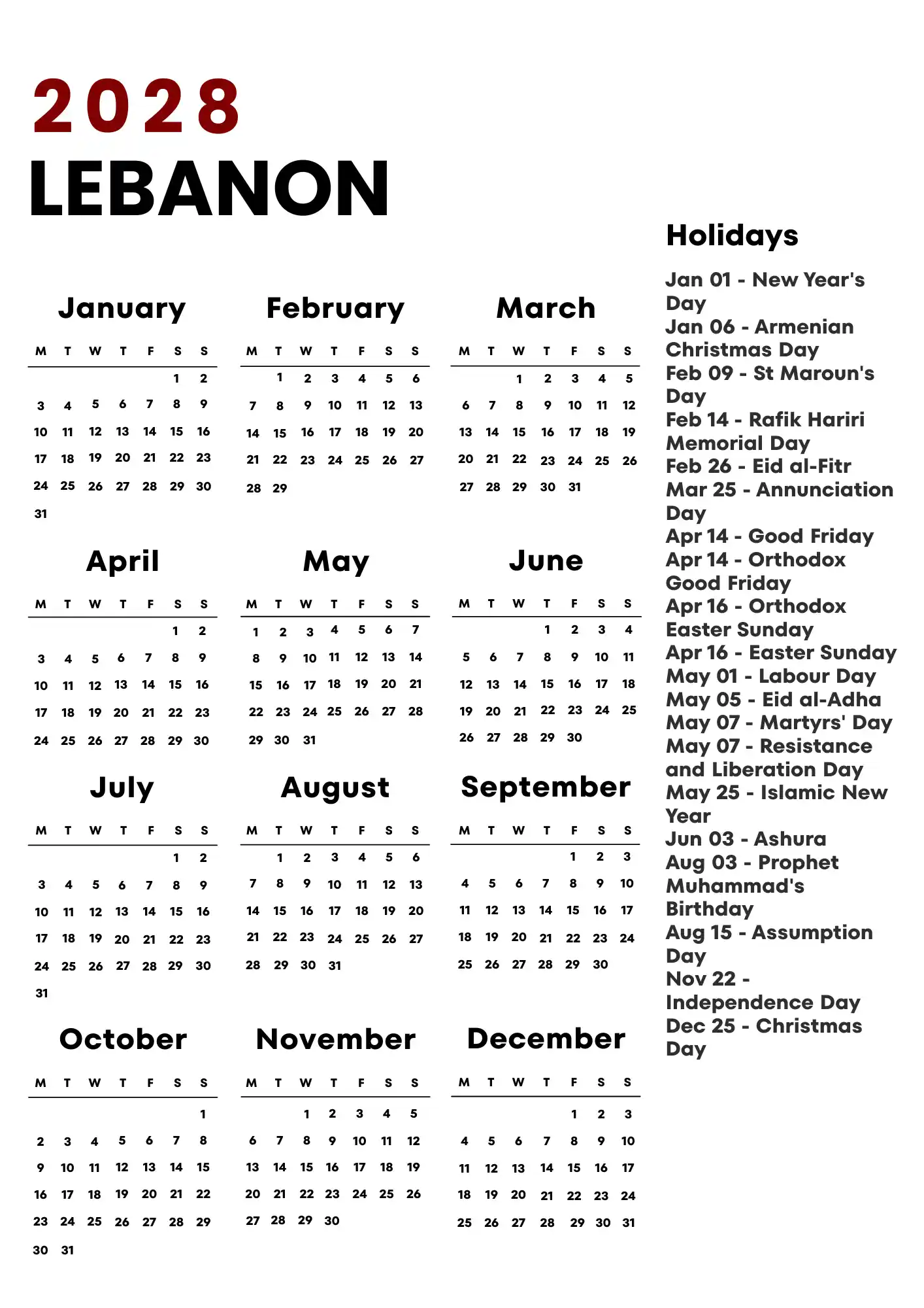 Lebanon Calendar 2028