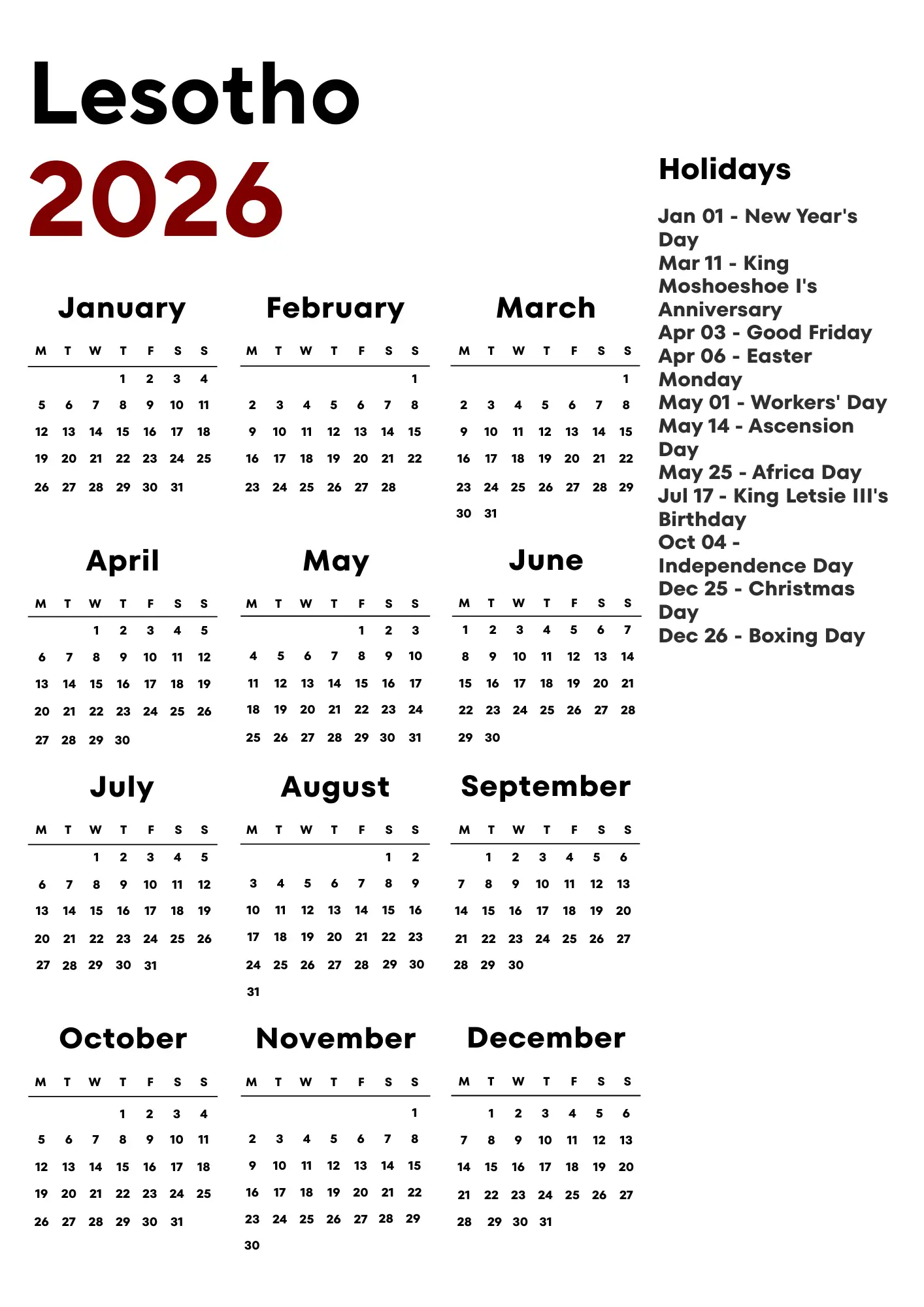Lesotho Calendar 2026
