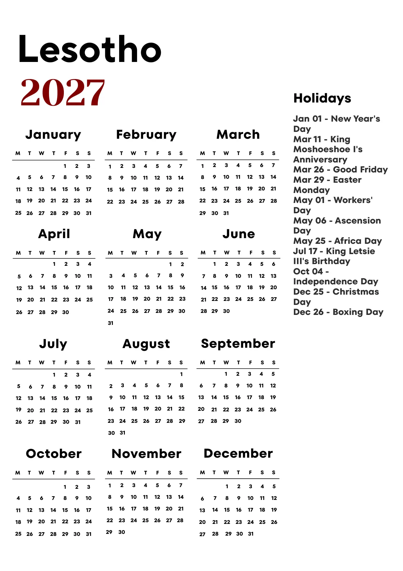Lesotho Calendar 2027