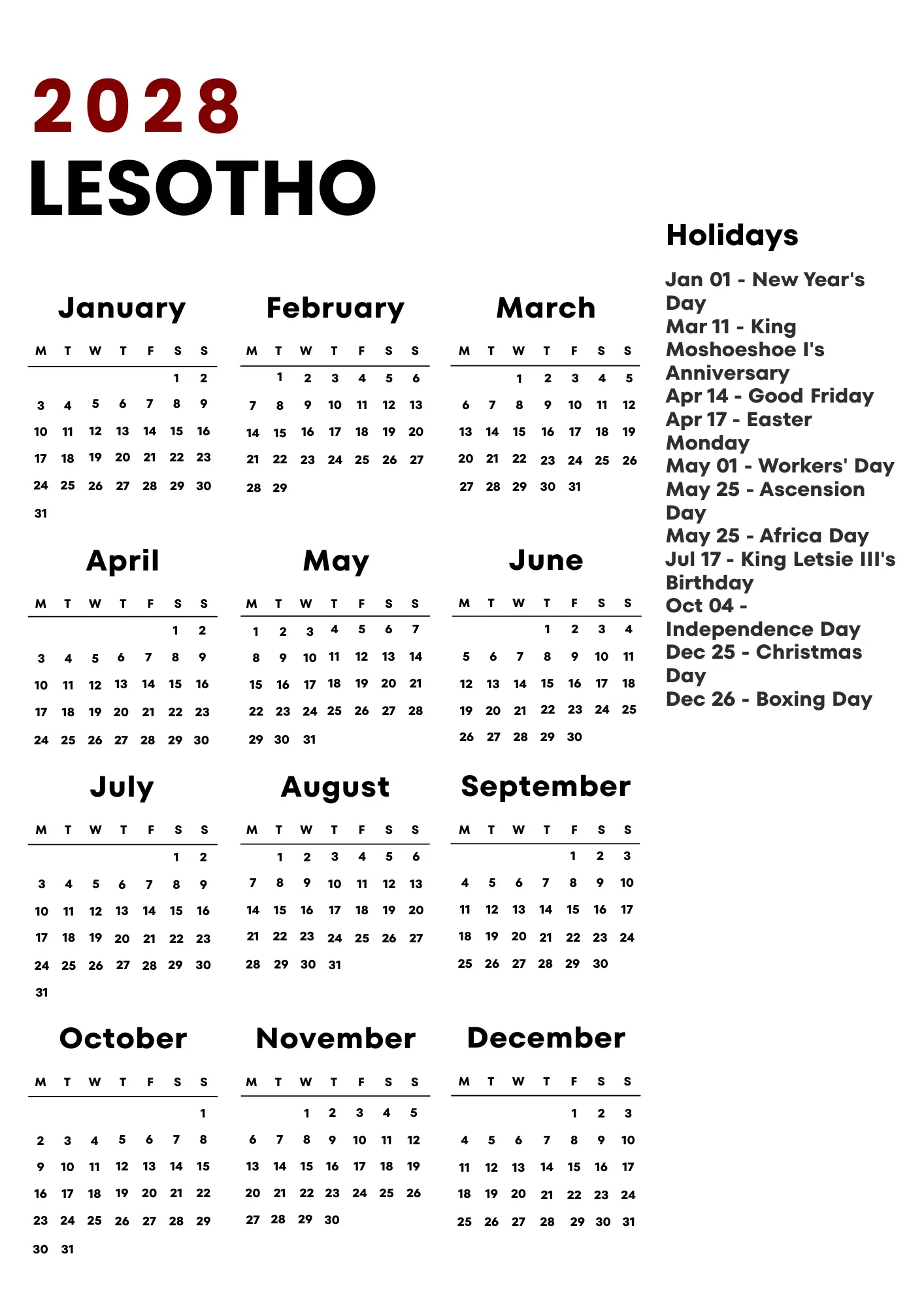 Lesotho Calendar 2028