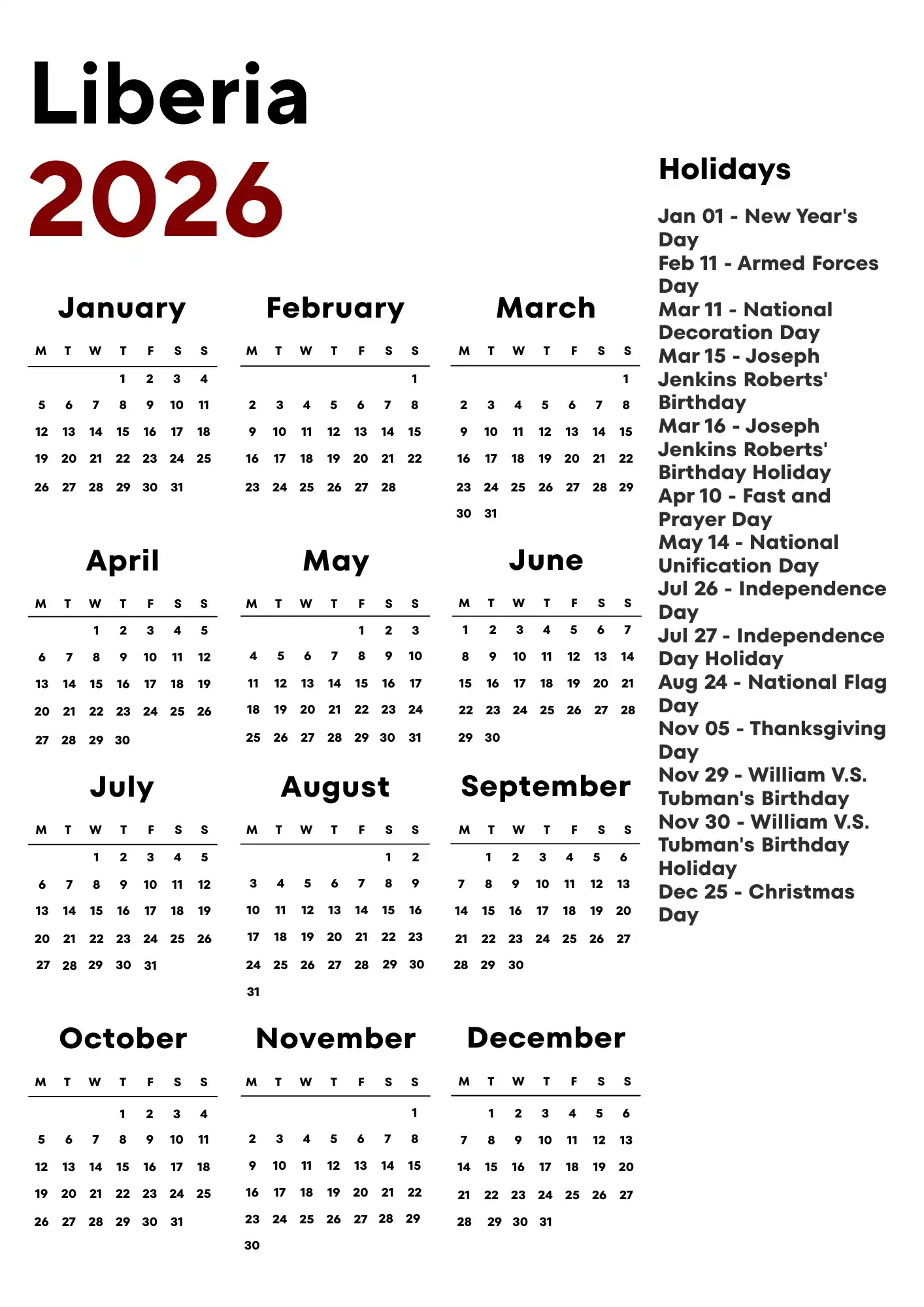 Liberia Calendar 2026