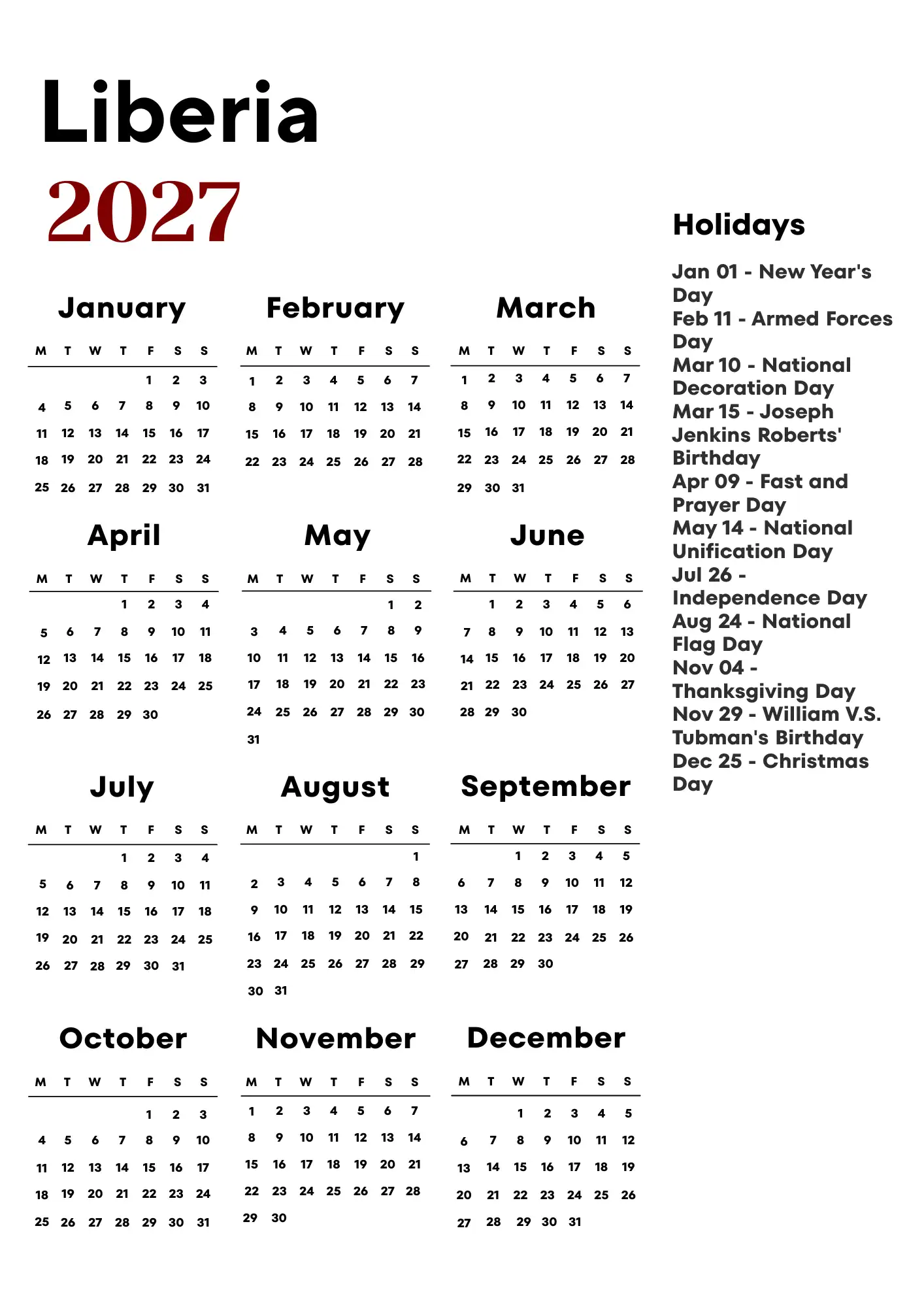 Liberia Calendar 2027