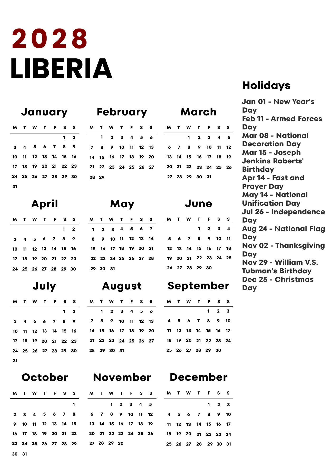 Liberia Calendar 2028