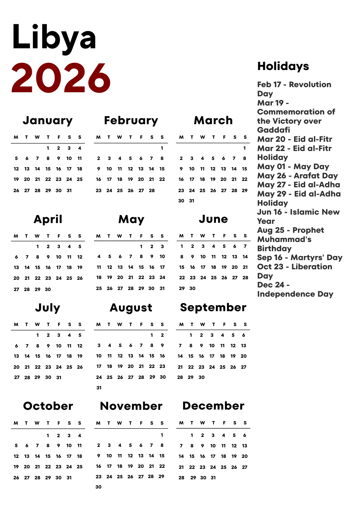 Libya Calendar 2026