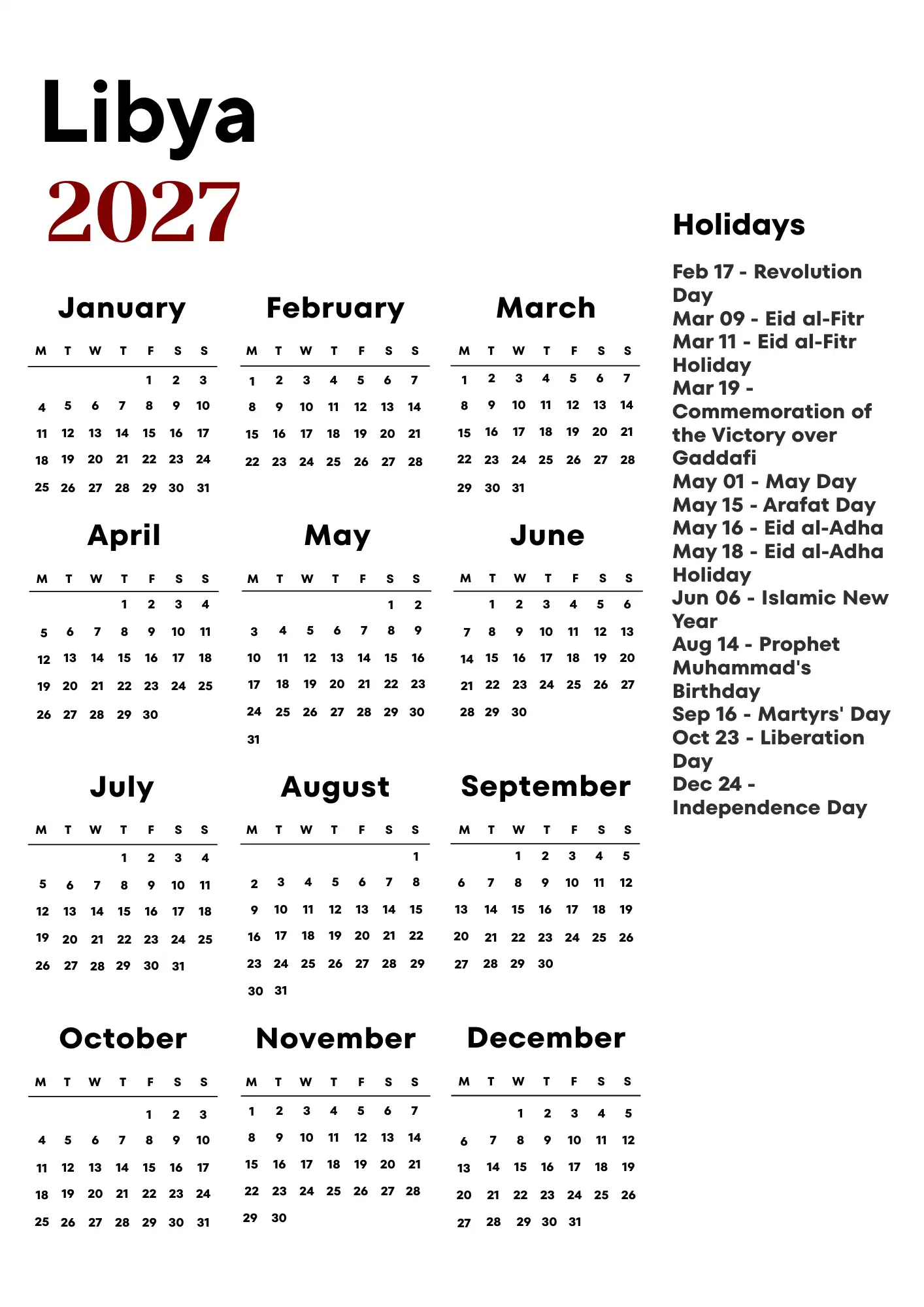 Libya Calendar 2027