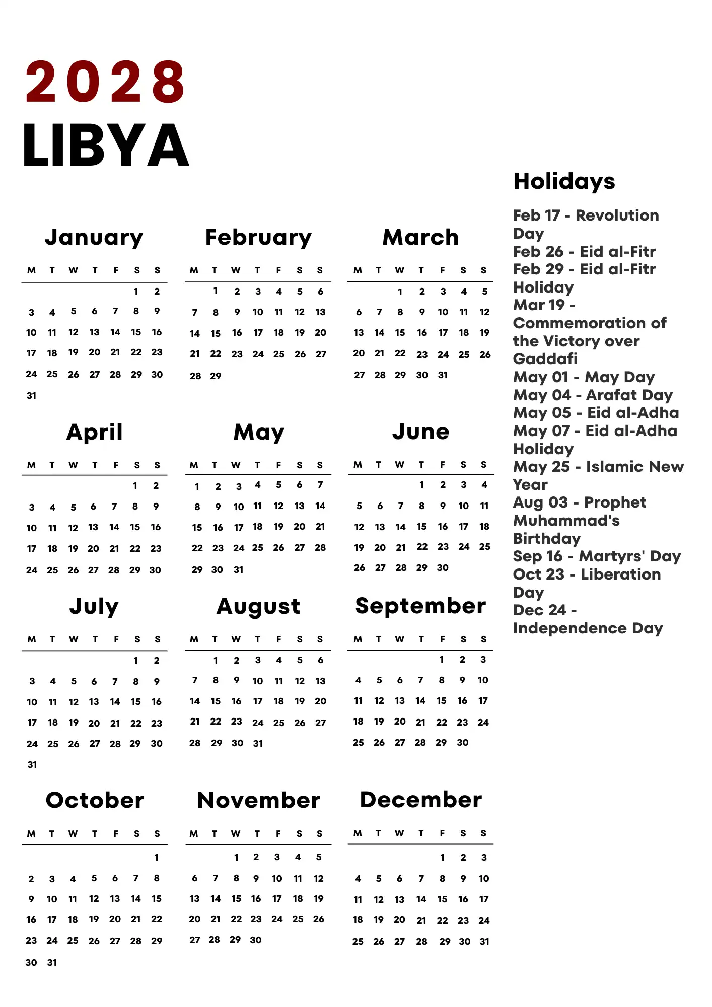 Libya Calendar 2028