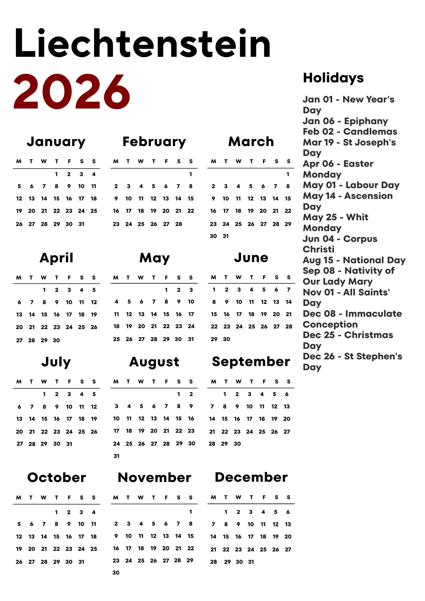 Liechtenstein Calendar 2026