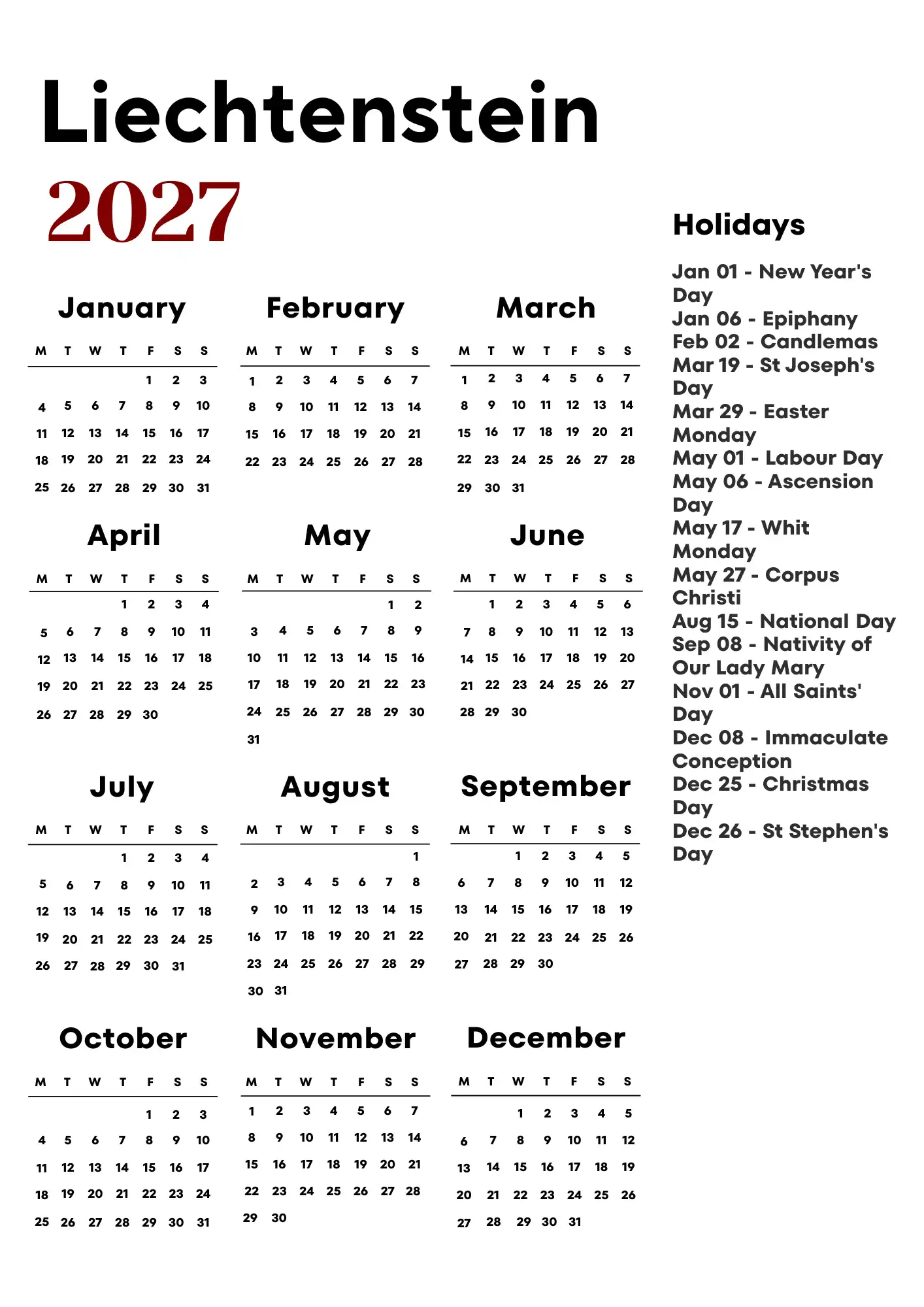 Liechtenstein Calendar 2027